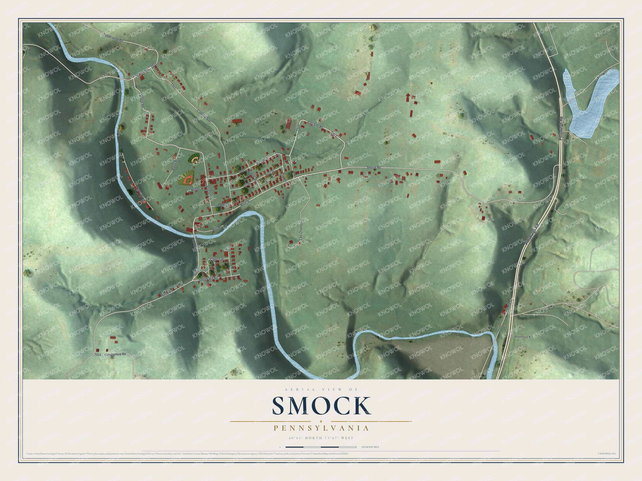 Full map of Smock, Pennsylvania, with red buildings, printed street names and the land around them