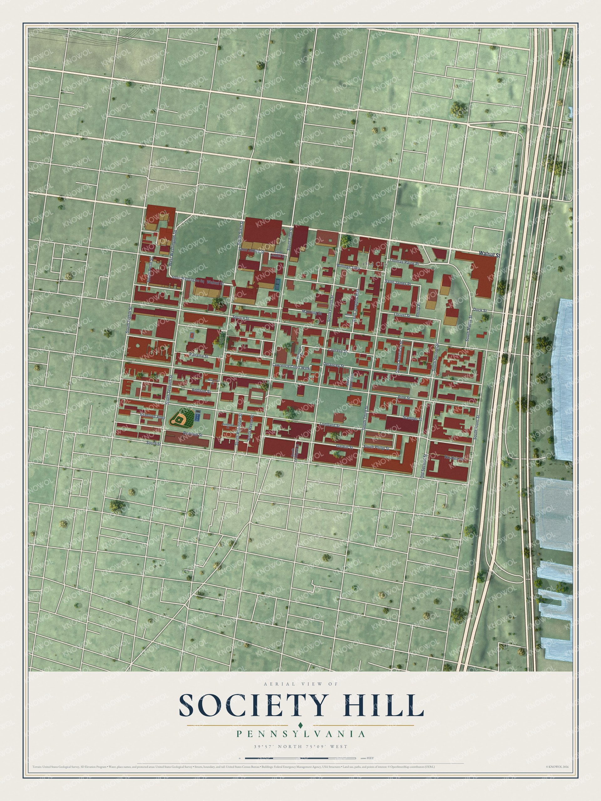 Full map of Society Hill, Pennsylvania, with red buildings, printed street names and the land around them