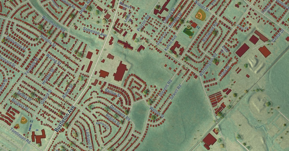 Close-up of streets and buildings in Somerton, Pennsylvania