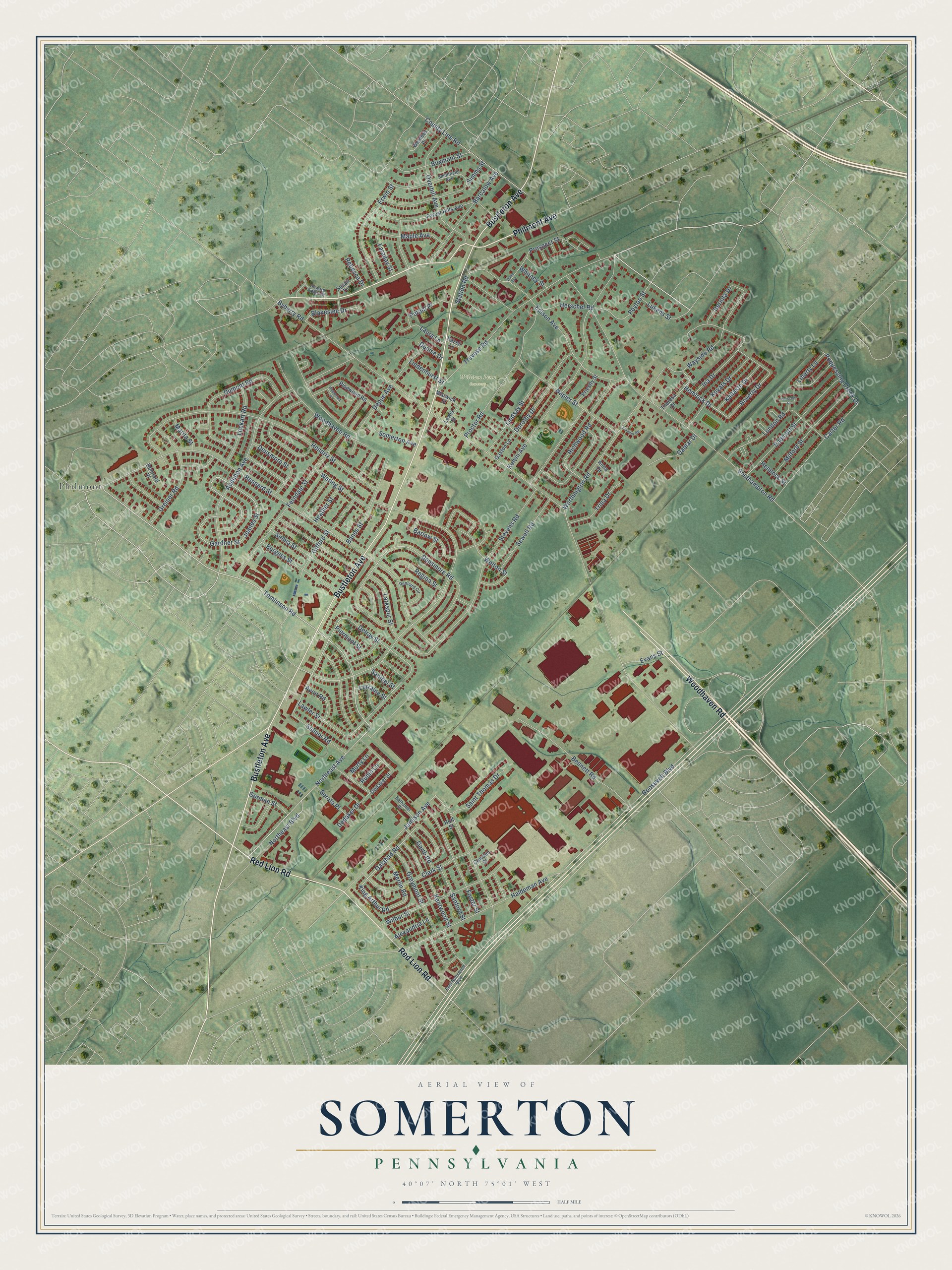 Full map of Somerton, Pennsylvania, with red buildings, printed street names and the land around them