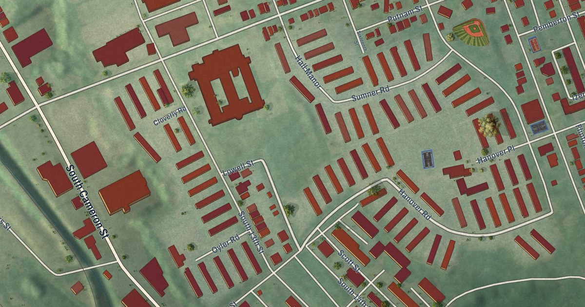 Close-up of streets and buildings in South Harrisburg, Pennsylvania