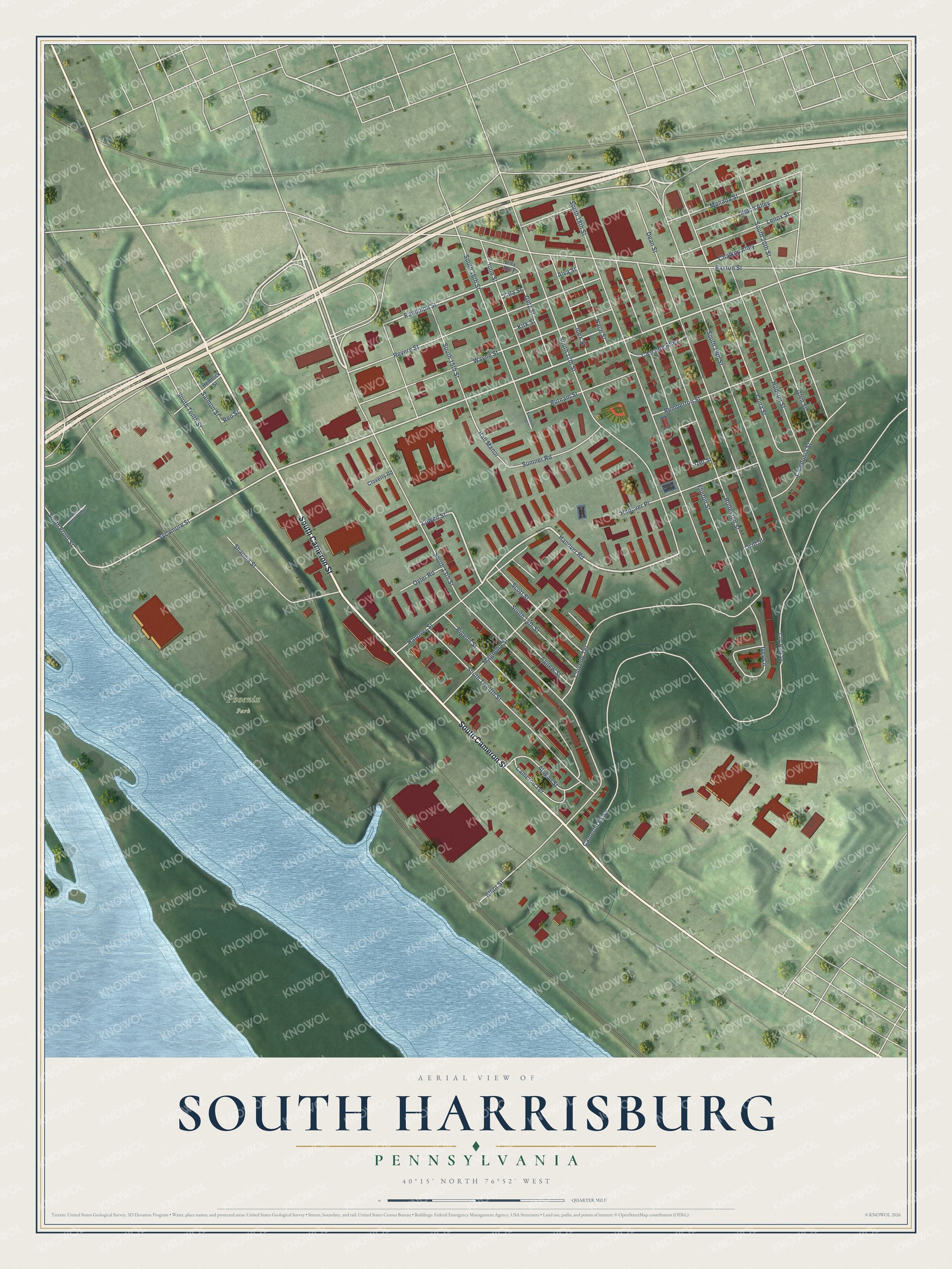 Full map of South Harrisburg, Pennsylvania, with red buildings, printed street names and the land around them