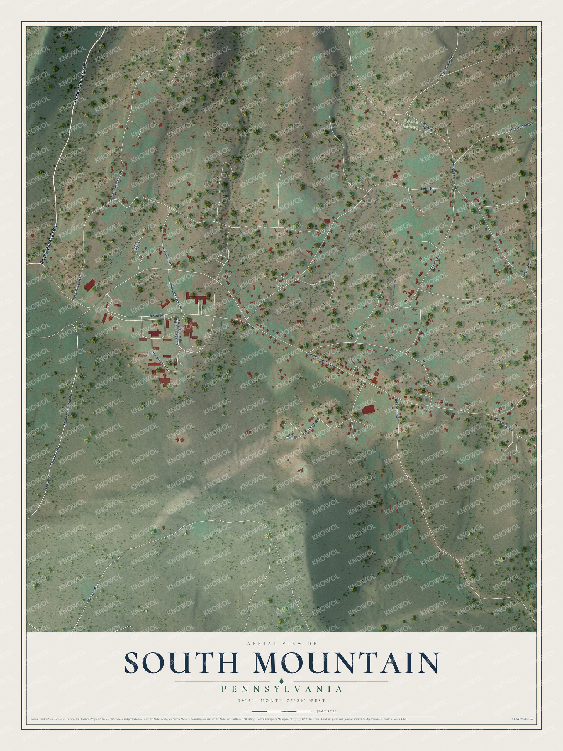 Full map of South Mountain, Pennsylvania, with red buildings, printed street names and the land around them
