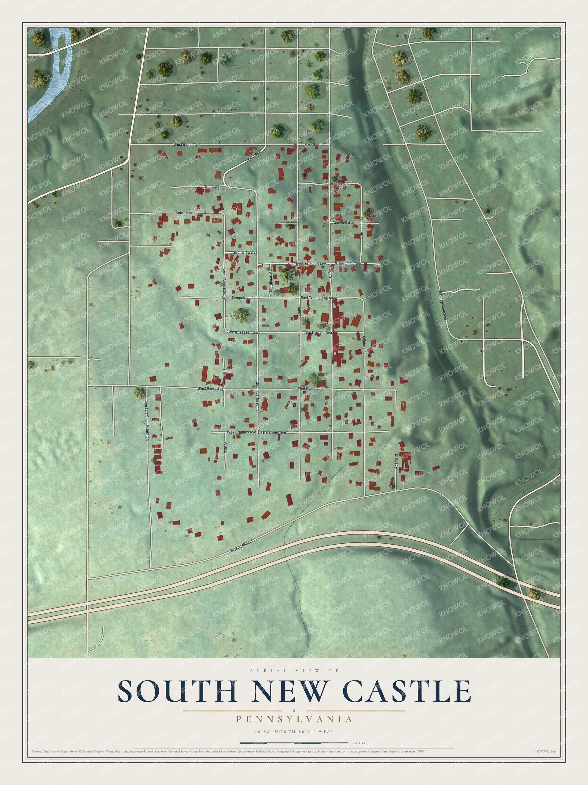 Full map of South New Castle, Pennsylvania, with red buildings, printed street names and the land around them