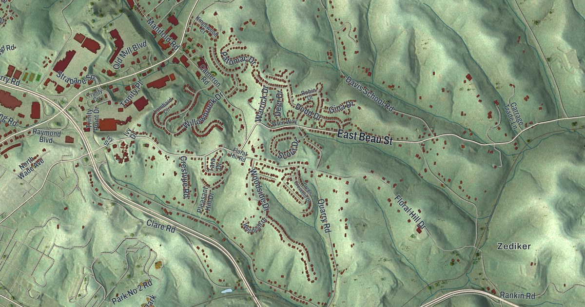Close-up of streets and buildings in South Strabane, Pennsylvania