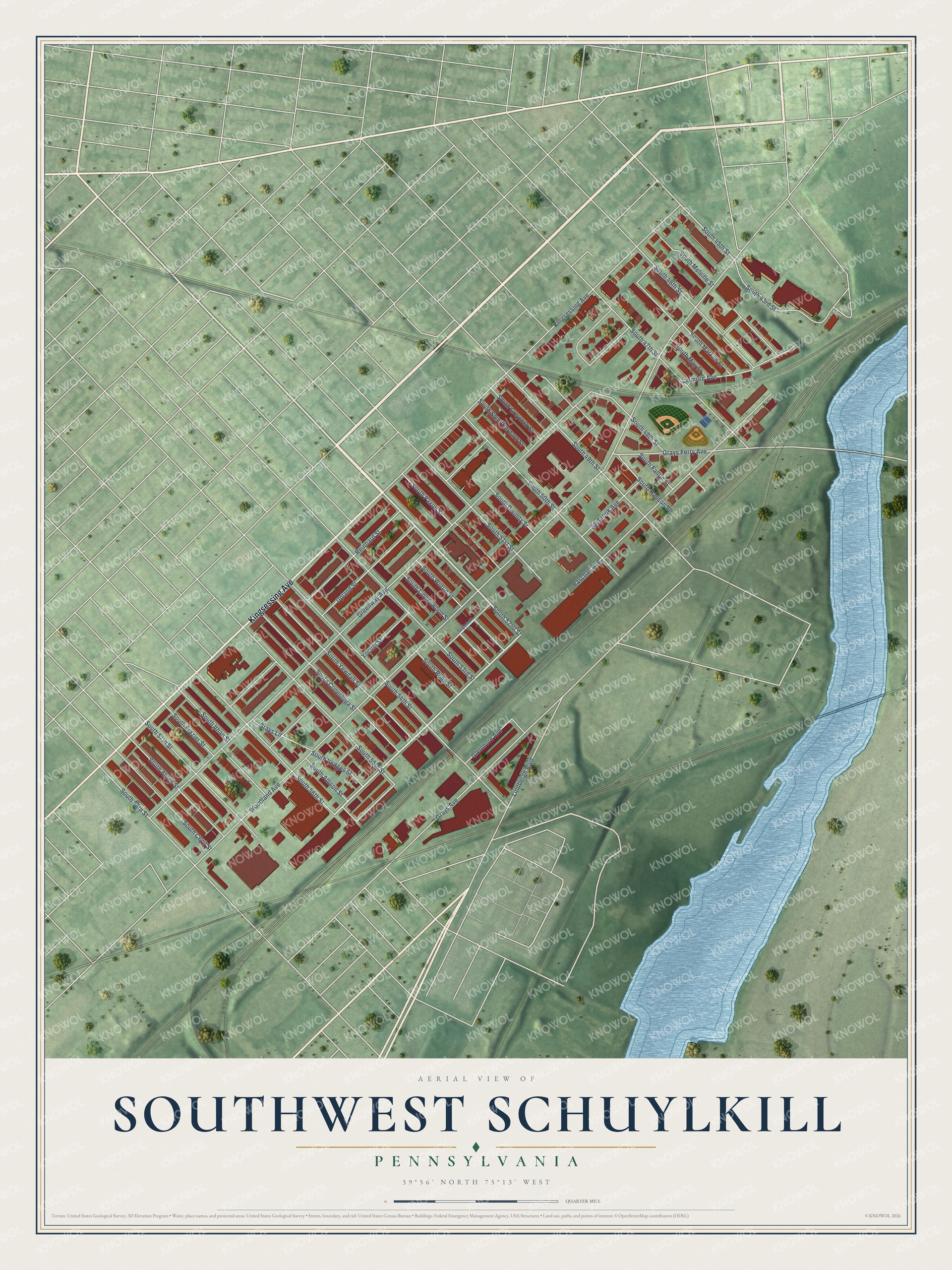 Full map of Southwest Schuylkill, Pennsylvania, with red buildings, printed street names and the land around them