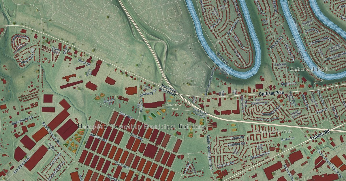 Close-up of streets and buildings in Sporting Hill, Pennsylvania