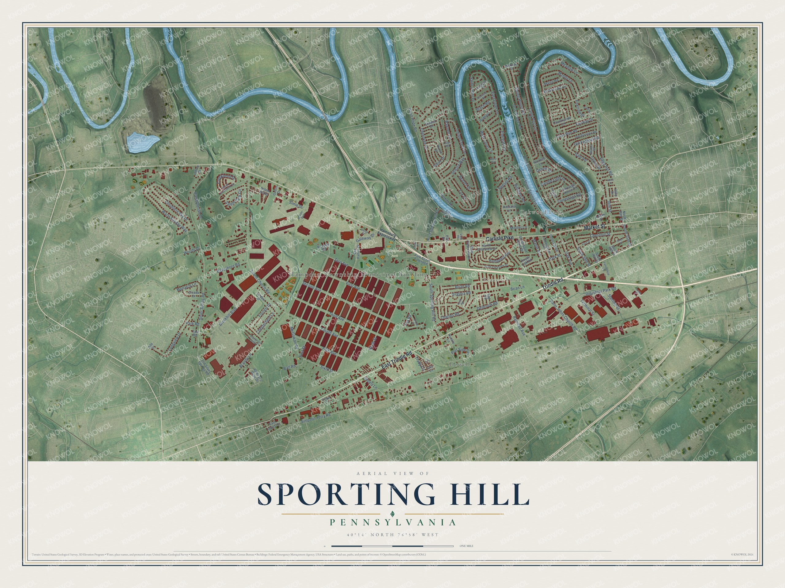 Full map of Sporting Hill, Pennsylvania, with red buildings, printed street names and the land around them