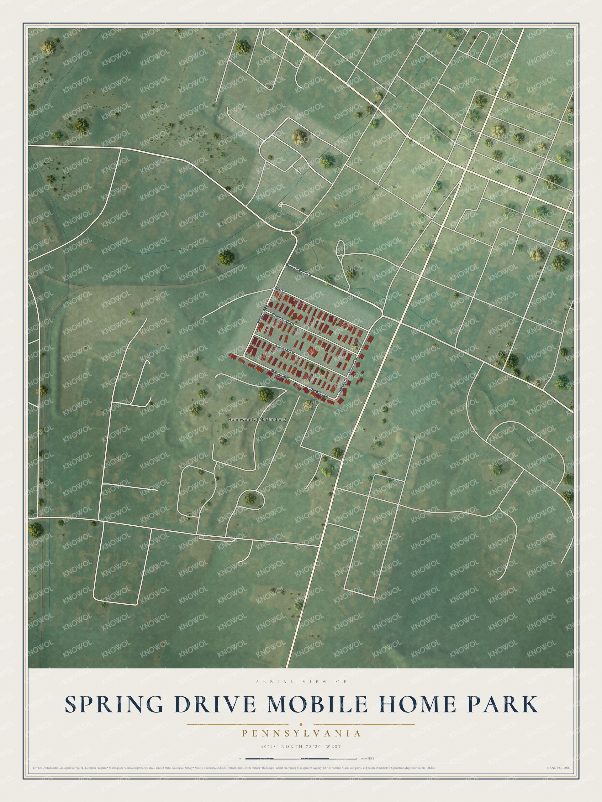 Full map of Spring Drive Mobile Home Park, Pennsylvania, with red buildings, printed street names and the land around them