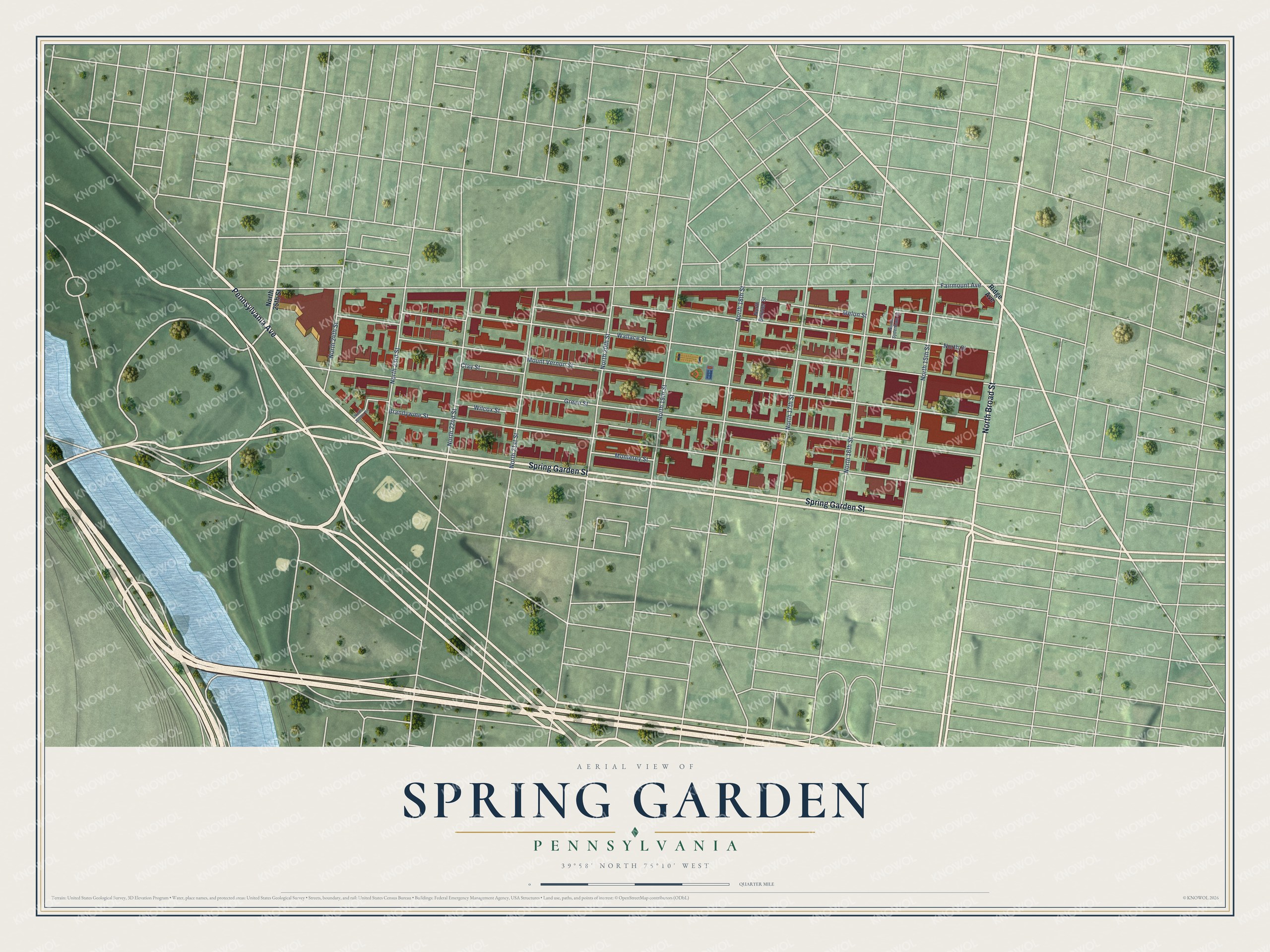 Full map of Spring Garden, Pennsylvania, with red buildings, printed street names and the land around them