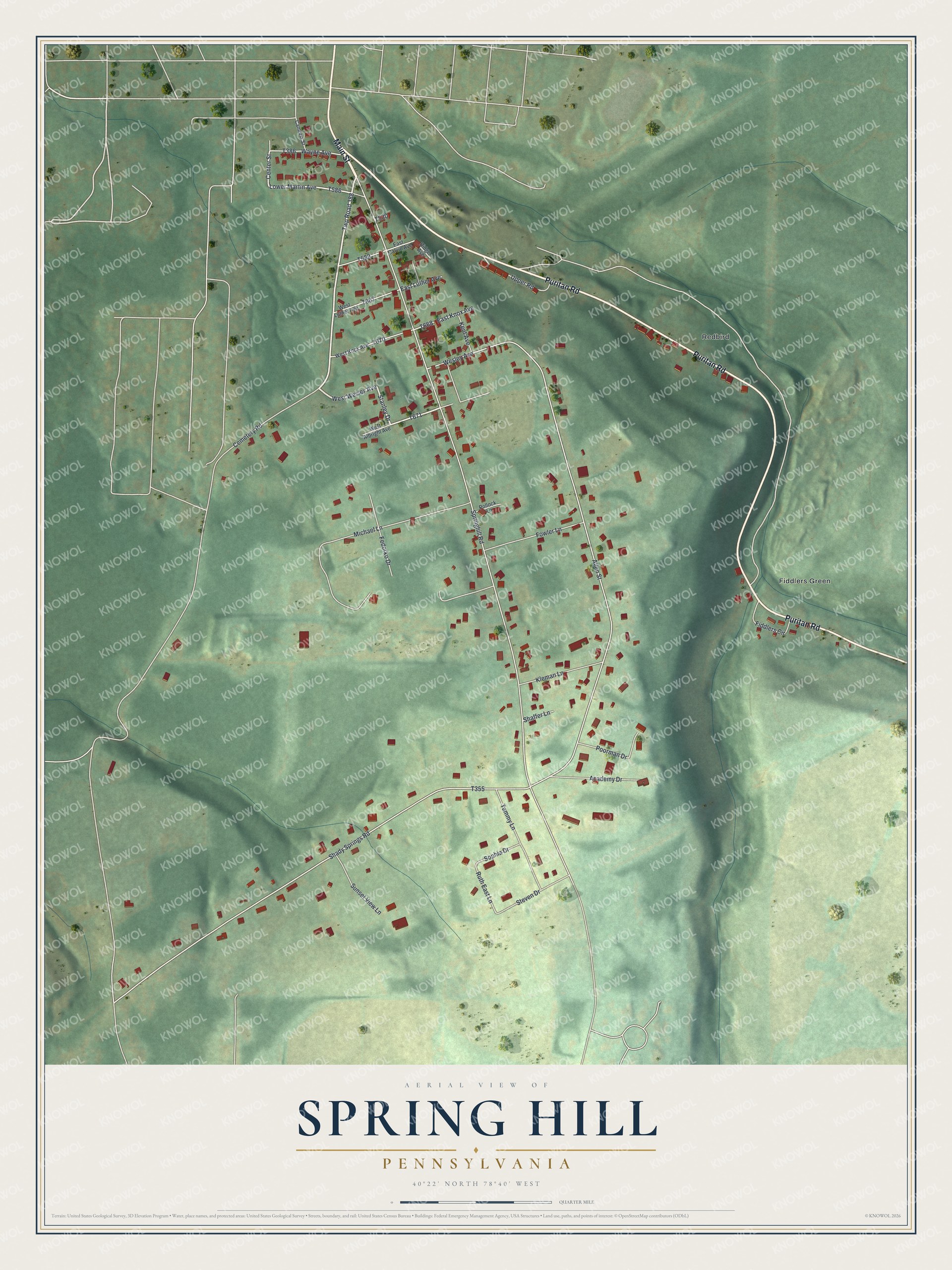 Full map of Spring Hill, Pennsylvania, with red buildings, printed street names and the land around them