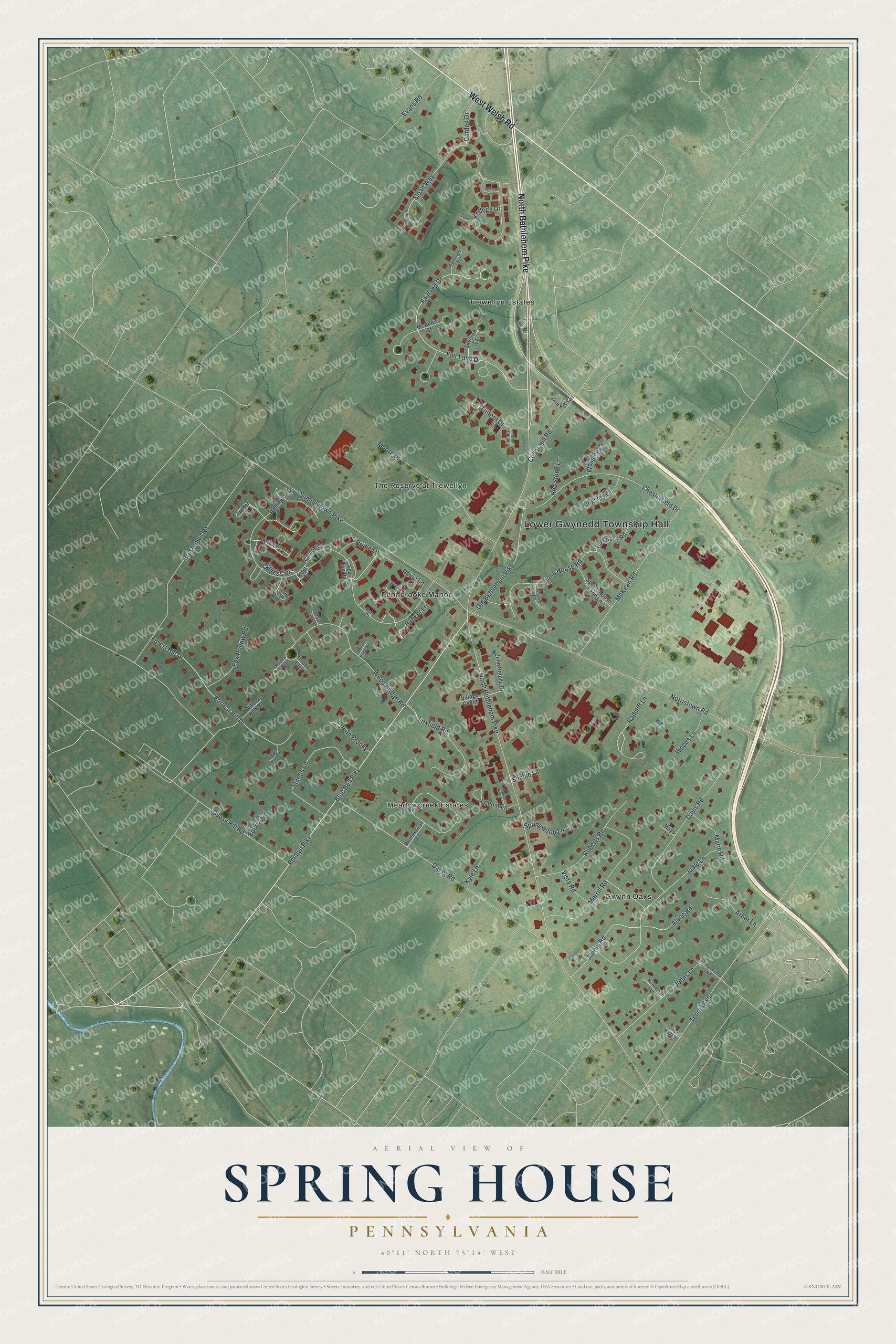 Full map of Spring House, Pennsylvania, with red buildings, printed street names and the land around them