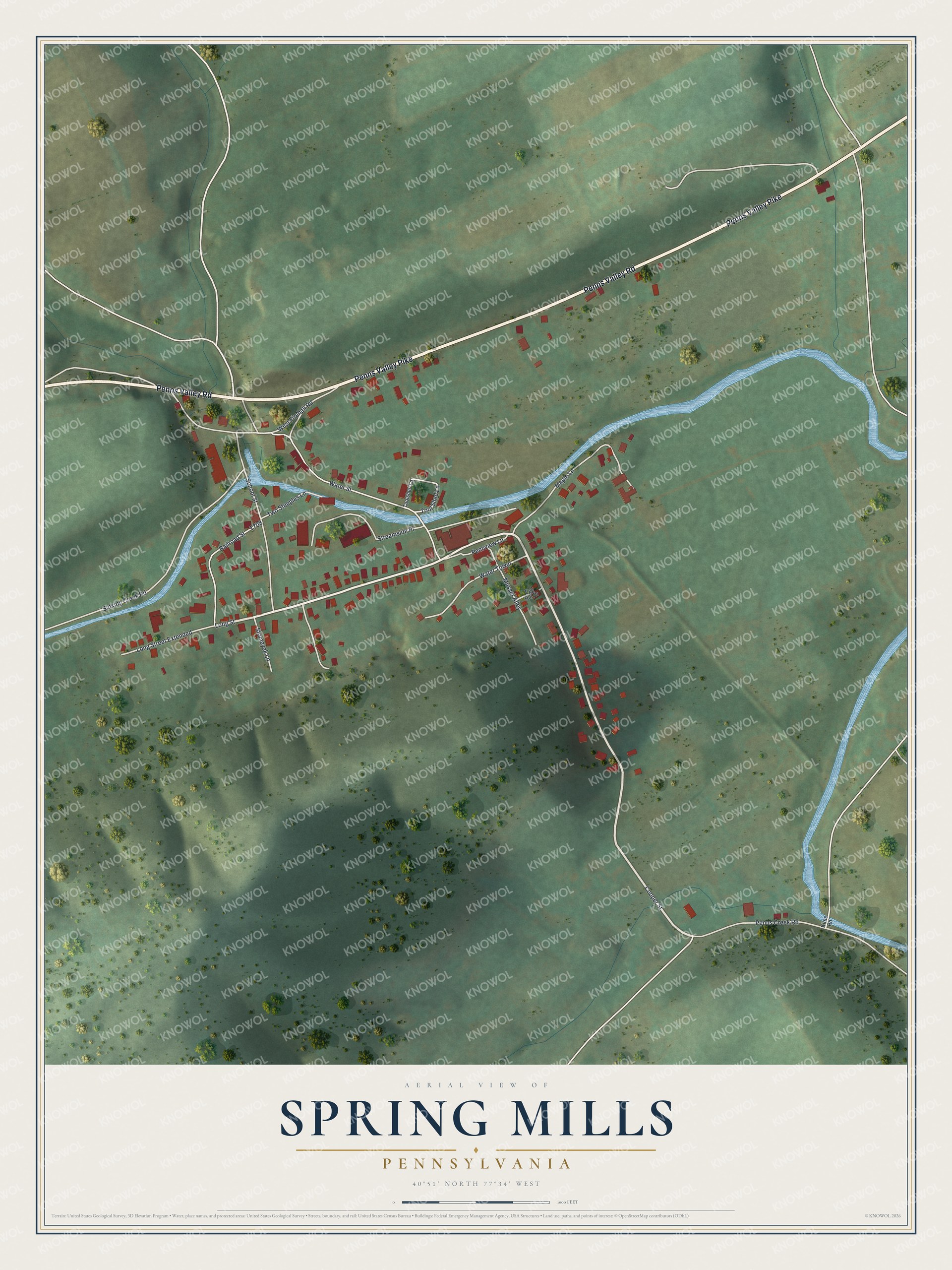 Full map of Spring Mills, Pennsylvania, with red buildings, printed street names and the land around them