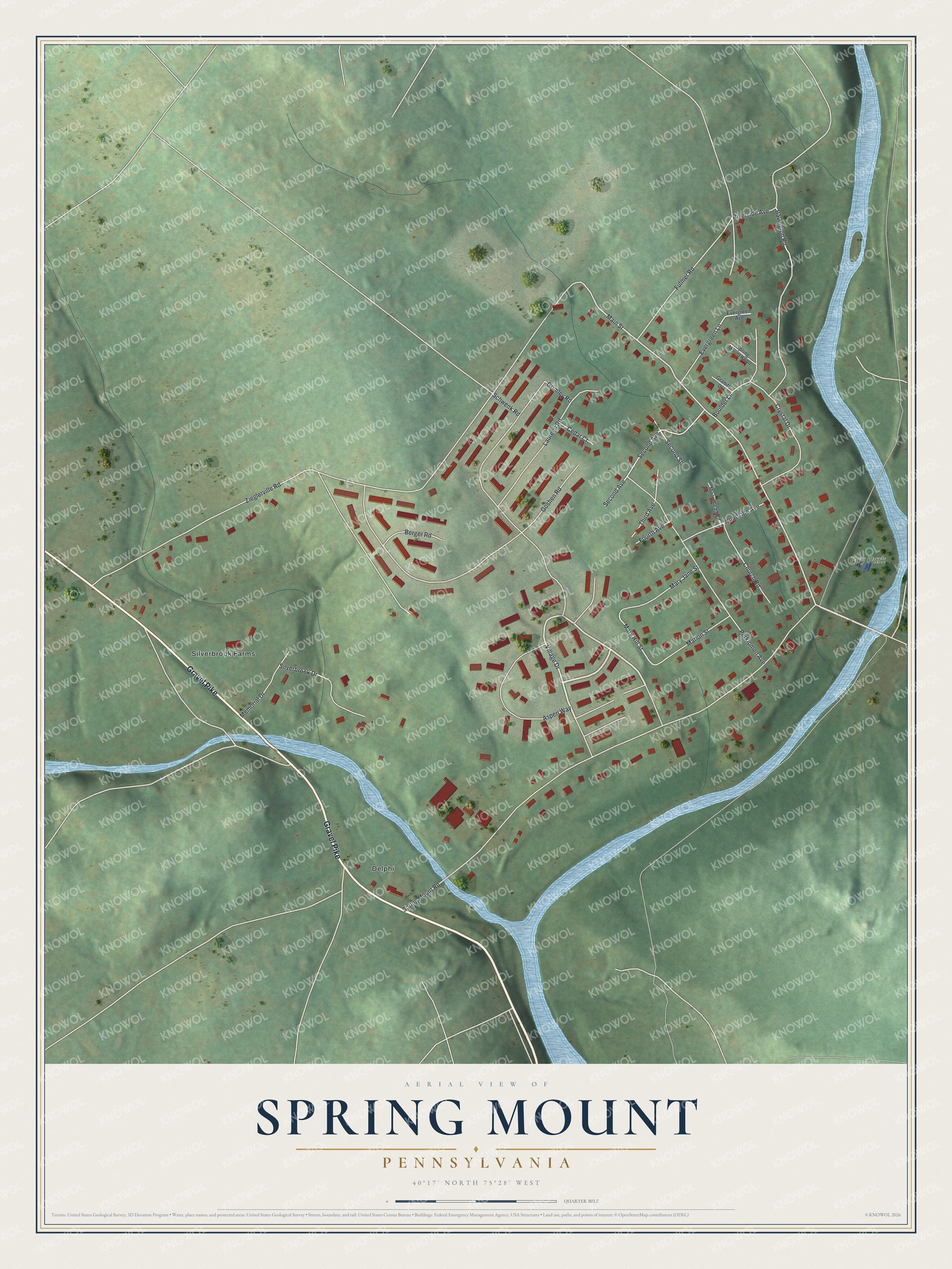 Full map of Spring Mount, Pennsylvania, with red buildings, printed street names and the land around them