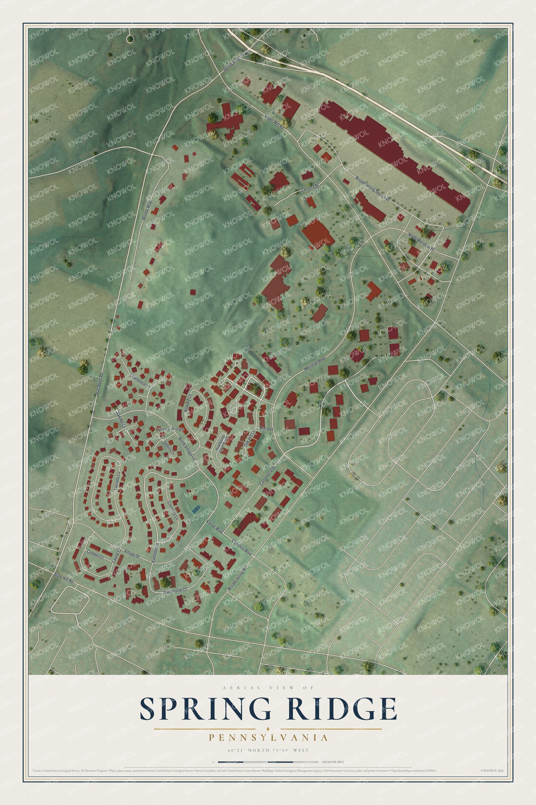 Full map of Spring Ridge, Pennsylvania, with red buildings, printed street names and the land around them