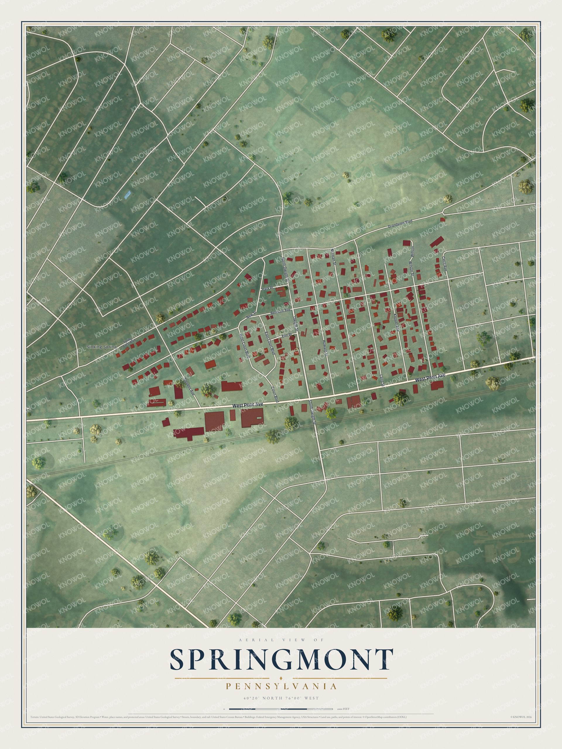 Full map of Springmont, Pennsylvania, with red buildings, printed street names and the land around them