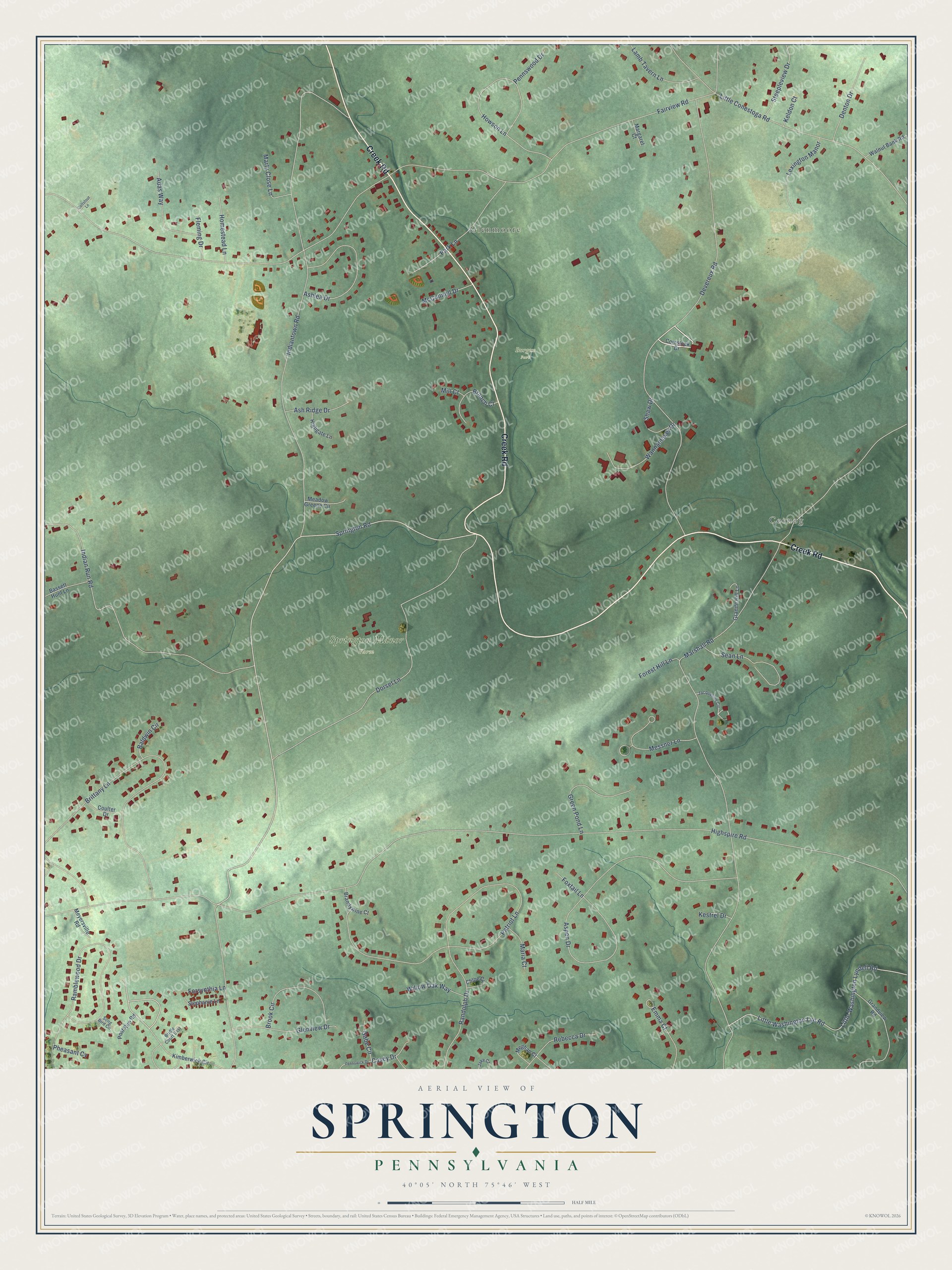 Full map of Springton, Pennsylvania, with red buildings, printed street names and the land around them