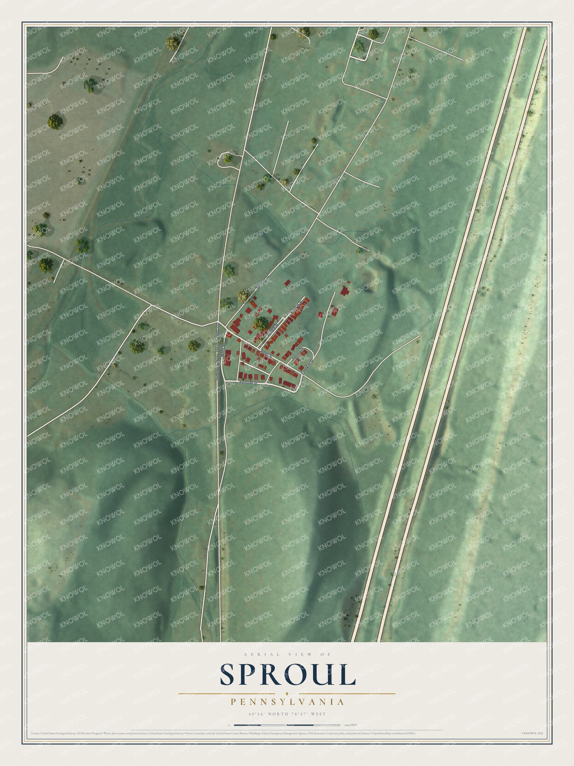 Full map of Sproul, Pennsylvania, with red buildings, printed street names and the land around them