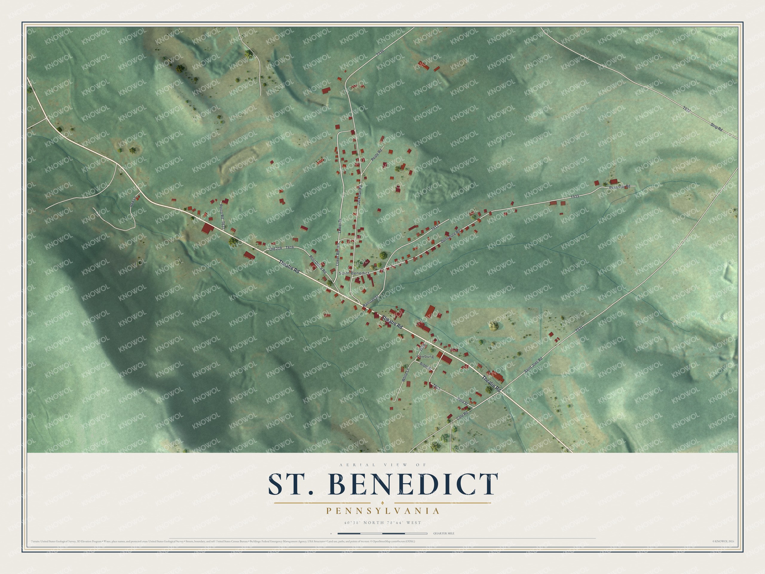 Full map of St. Benedict, Pennsylvania, with red buildings, printed street names and the land around them