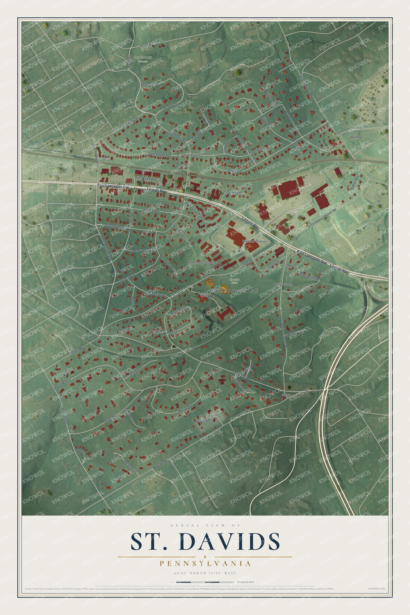 Full map of St. Davids, Pennsylvania, with red buildings, printed street names and the land around them