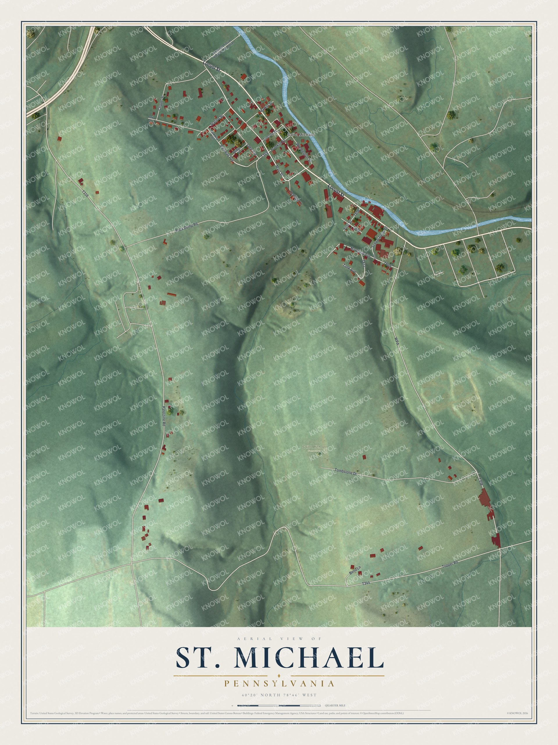 Full map of St. Michael, Pennsylvania, with red buildings, printed street names and the land around them