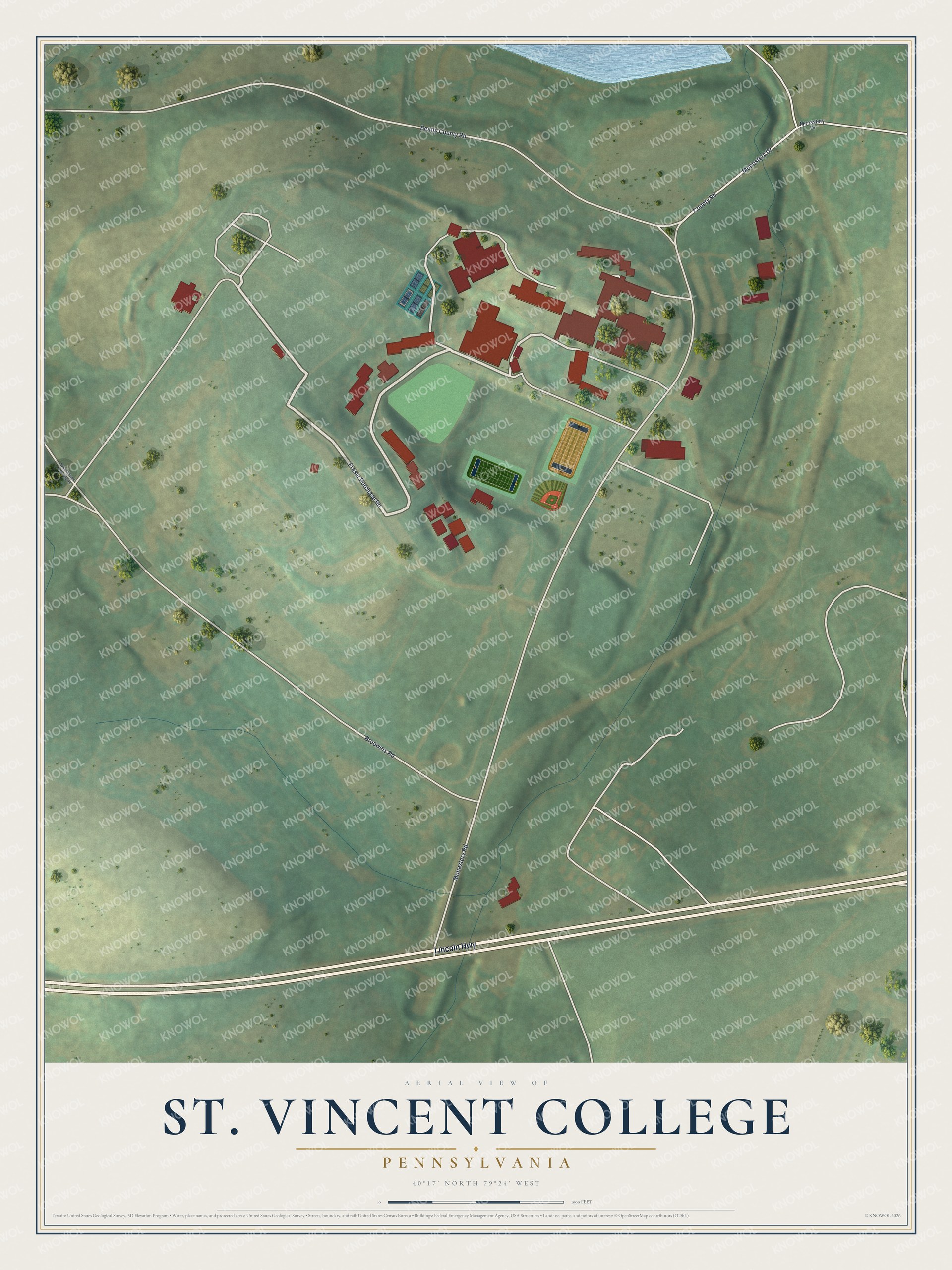 Full map of St. Vincent College, Pennsylvania, with red buildings, printed street names and the land around them