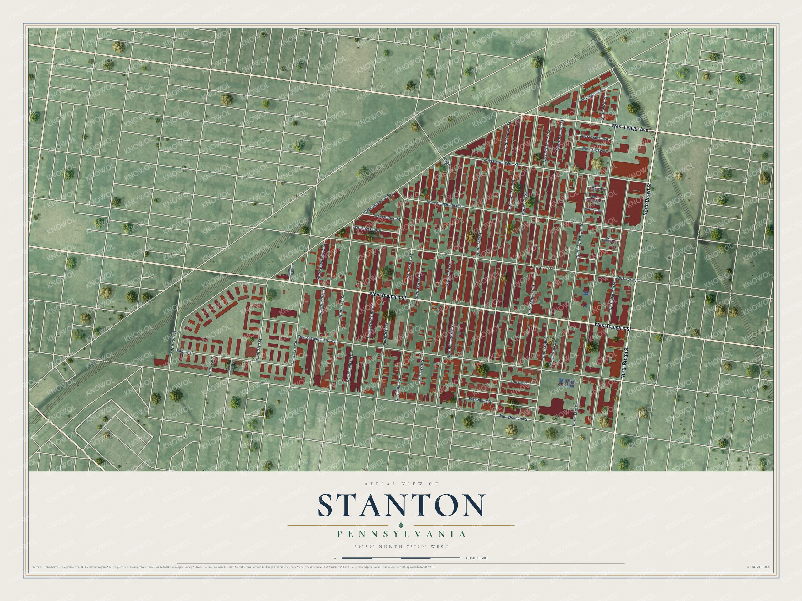 Full map of Stanton, Pennsylvania, with red buildings, printed street names and the land around them