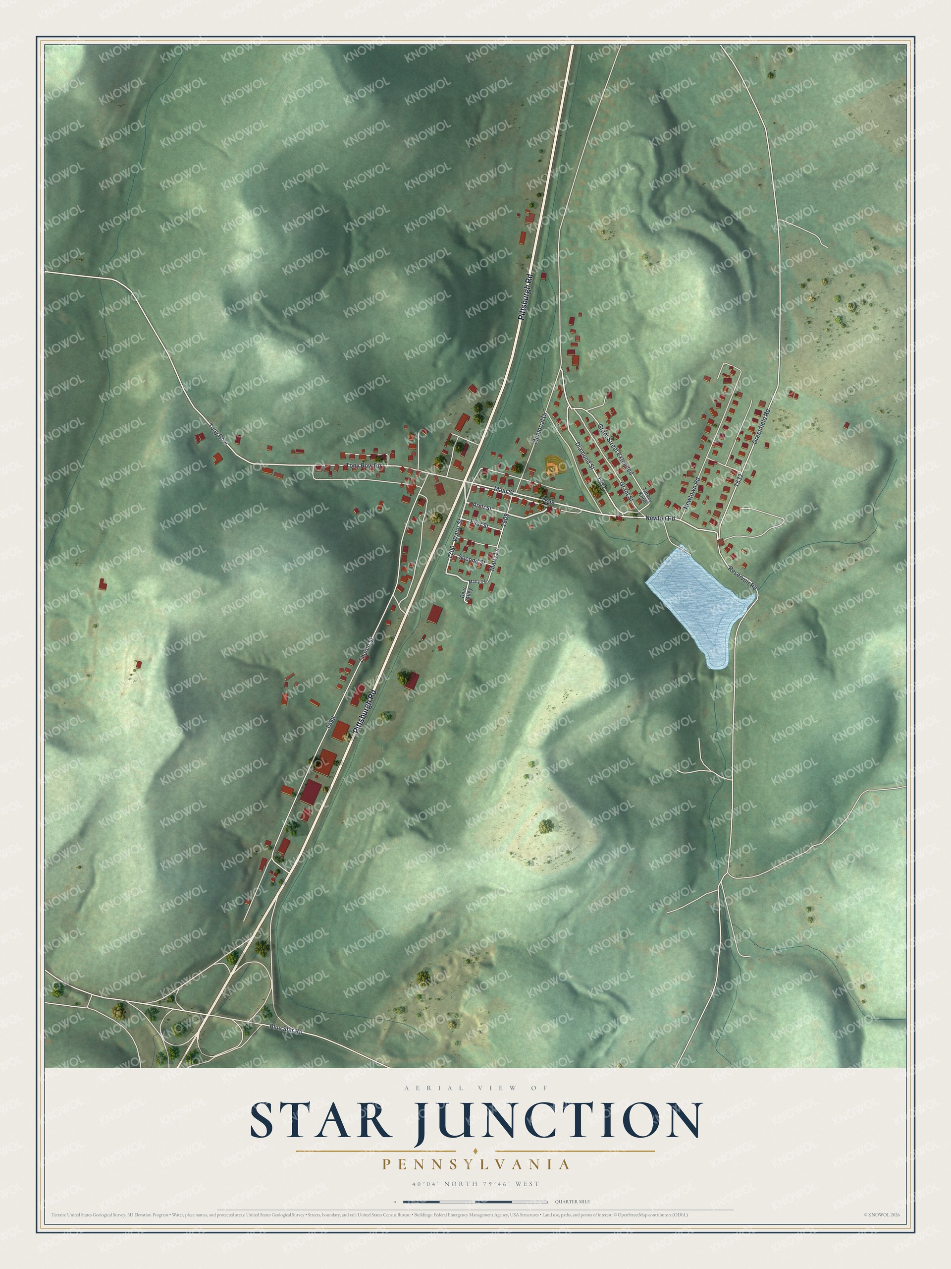 Full map of Star Junction, Pennsylvania, with red buildings, printed street names and the land around them