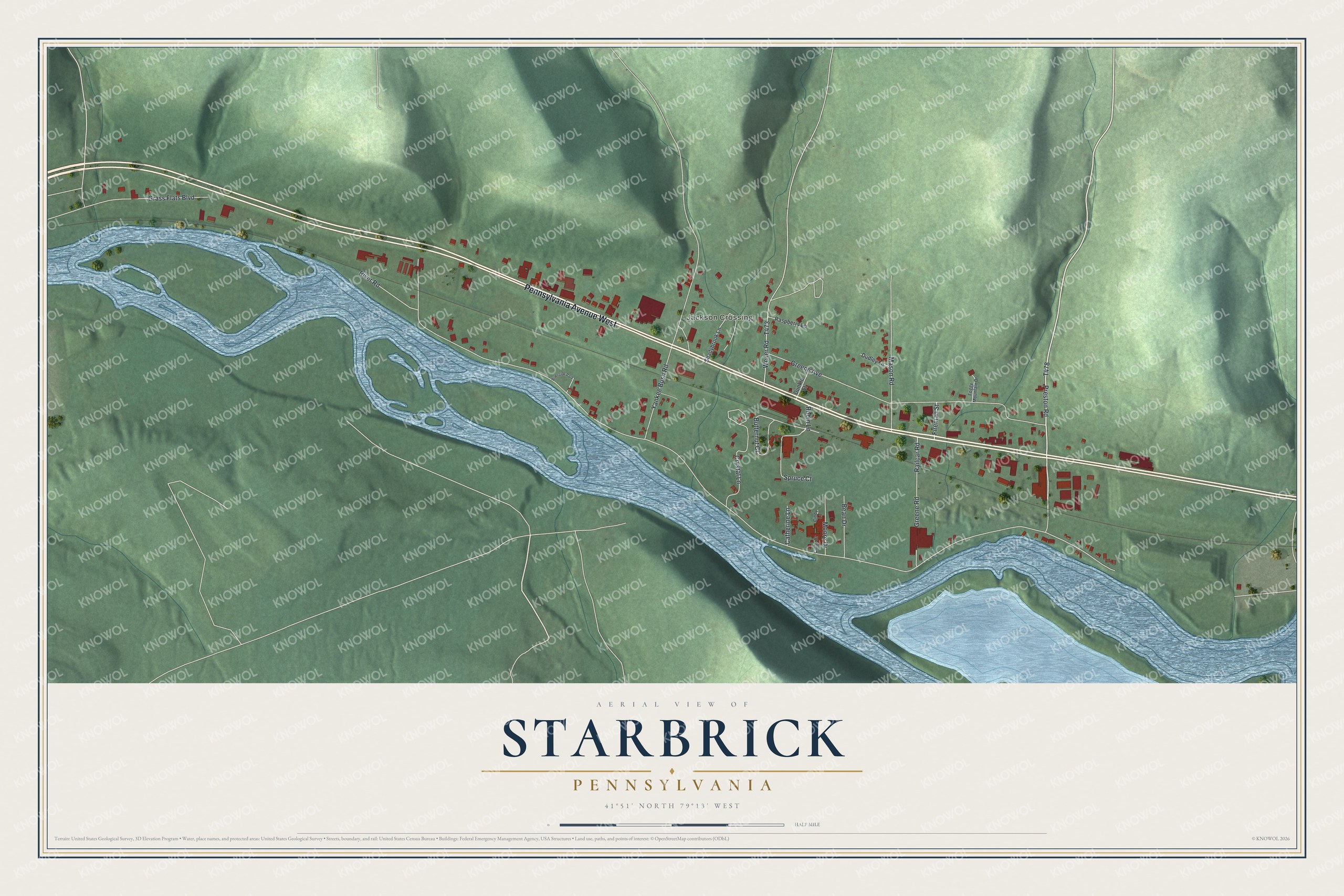 Full map of Starbrick, Pennsylvania, with red buildings, printed street names and the land around them