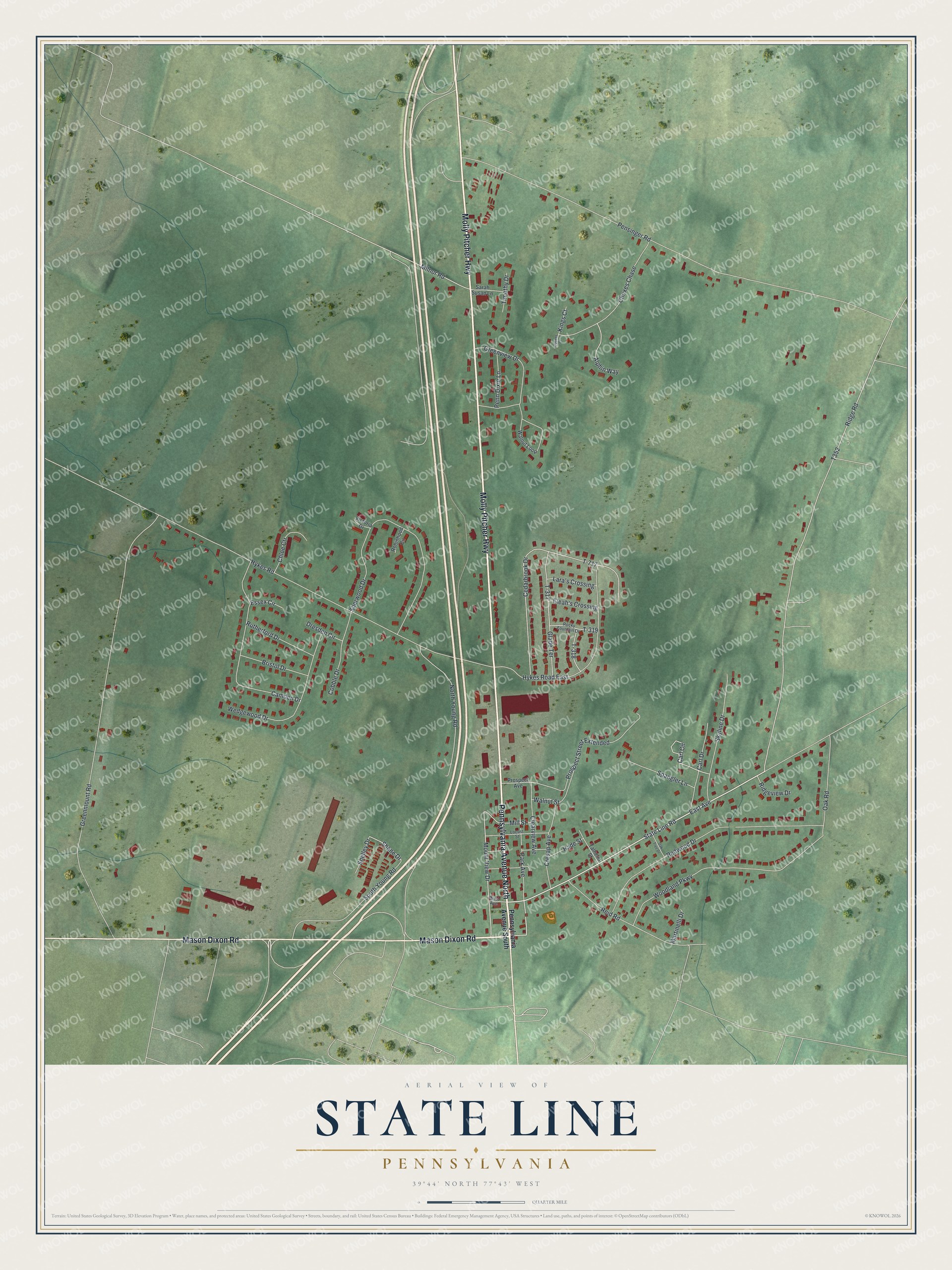 Full map of State Line, Pennsylvania, with red buildings, printed street names and the land around them