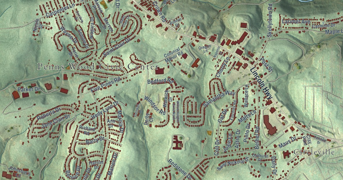 Close-up of streets and buildings in Stewartsville, Pennsylvania