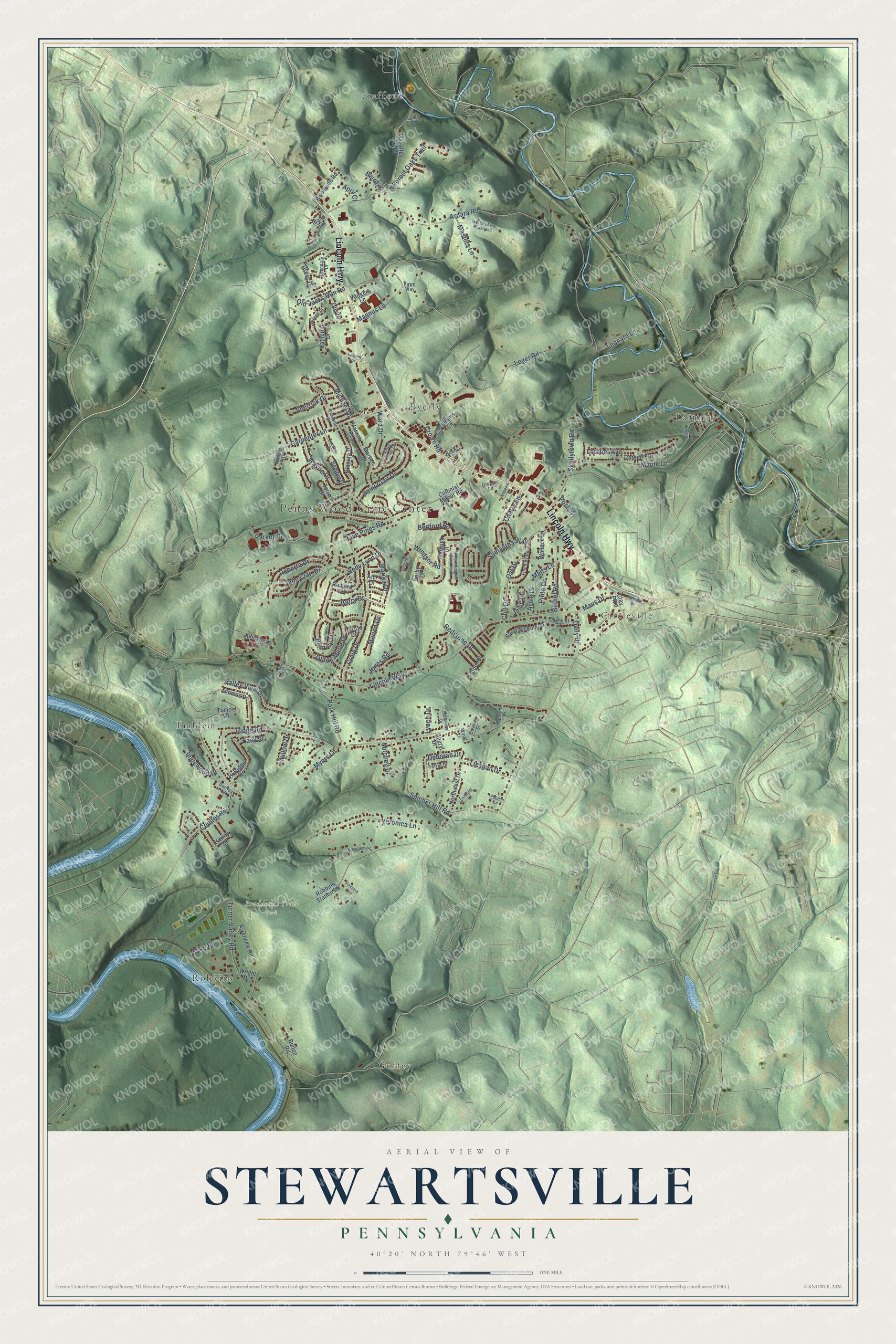 Full map of Stewartsville, Pennsylvania, with red buildings, printed street names and the land around them