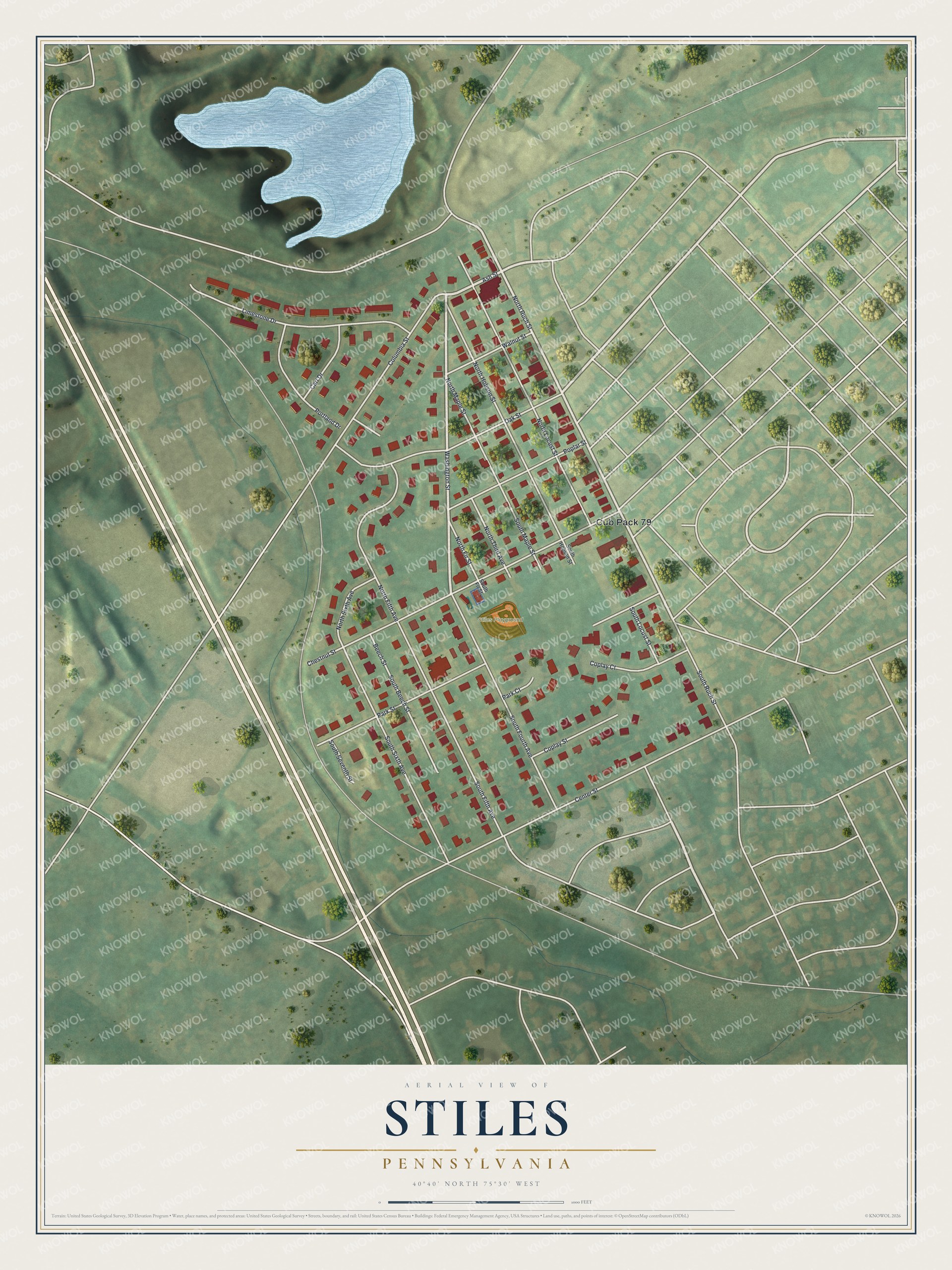 Full map of Stiles, Pennsylvania, with red buildings, printed street names and the land around them