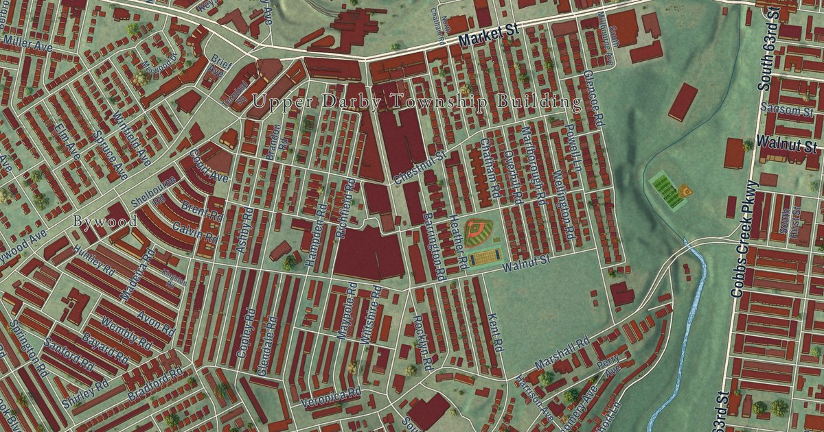 Close-up of streets and buildings in Stonehurst, Pennsylvania