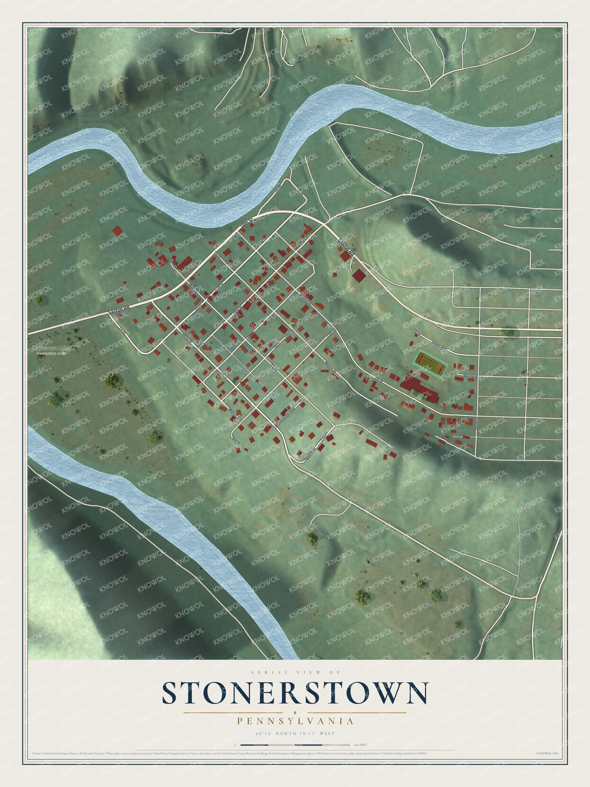 Full map of Stonerstown, Pennsylvania, with red buildings, printed street names and the land around them