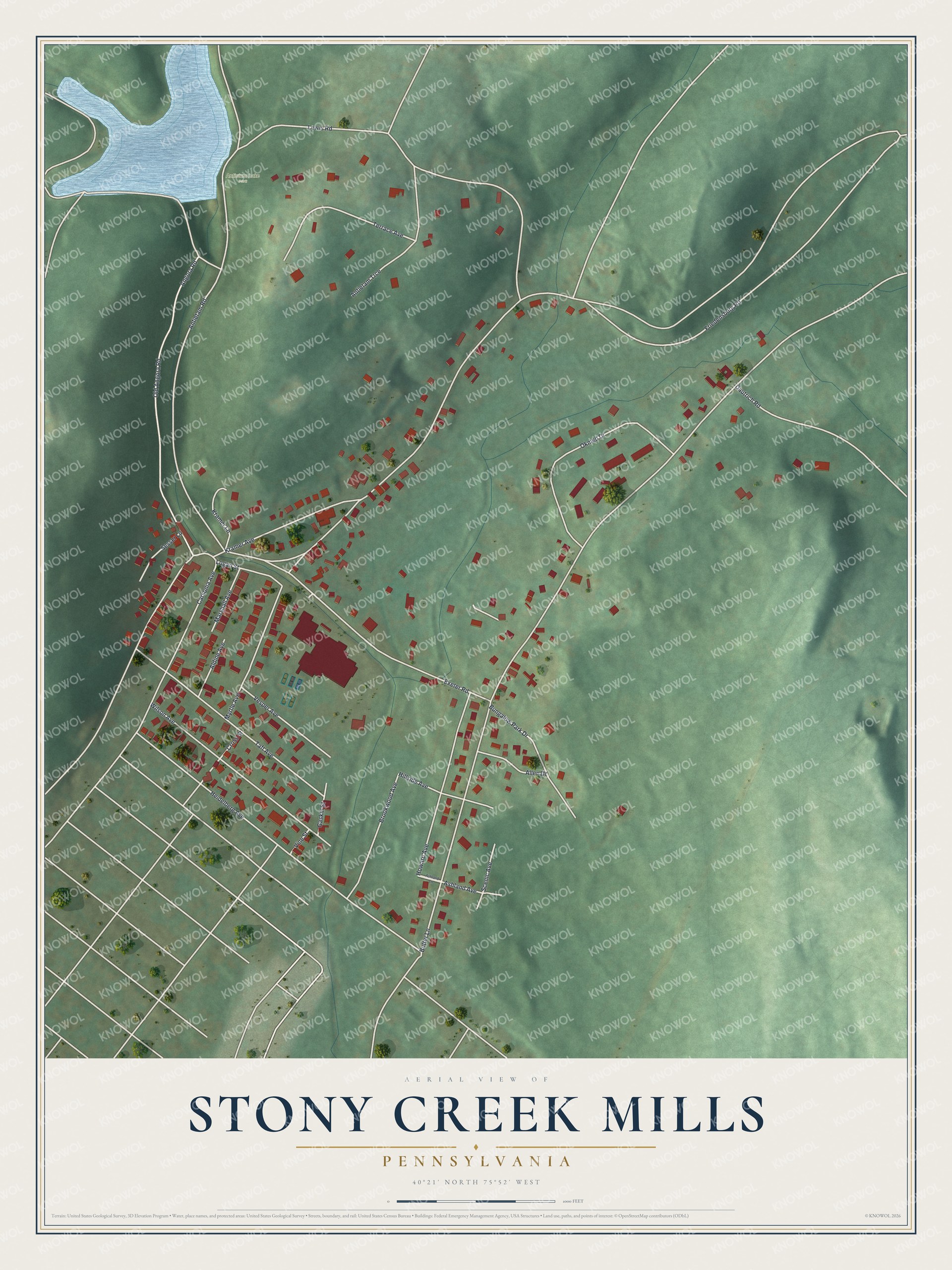 Full map of Stony Creek Mills, Pennsylvania, with red buildings, printed street names and the land around them