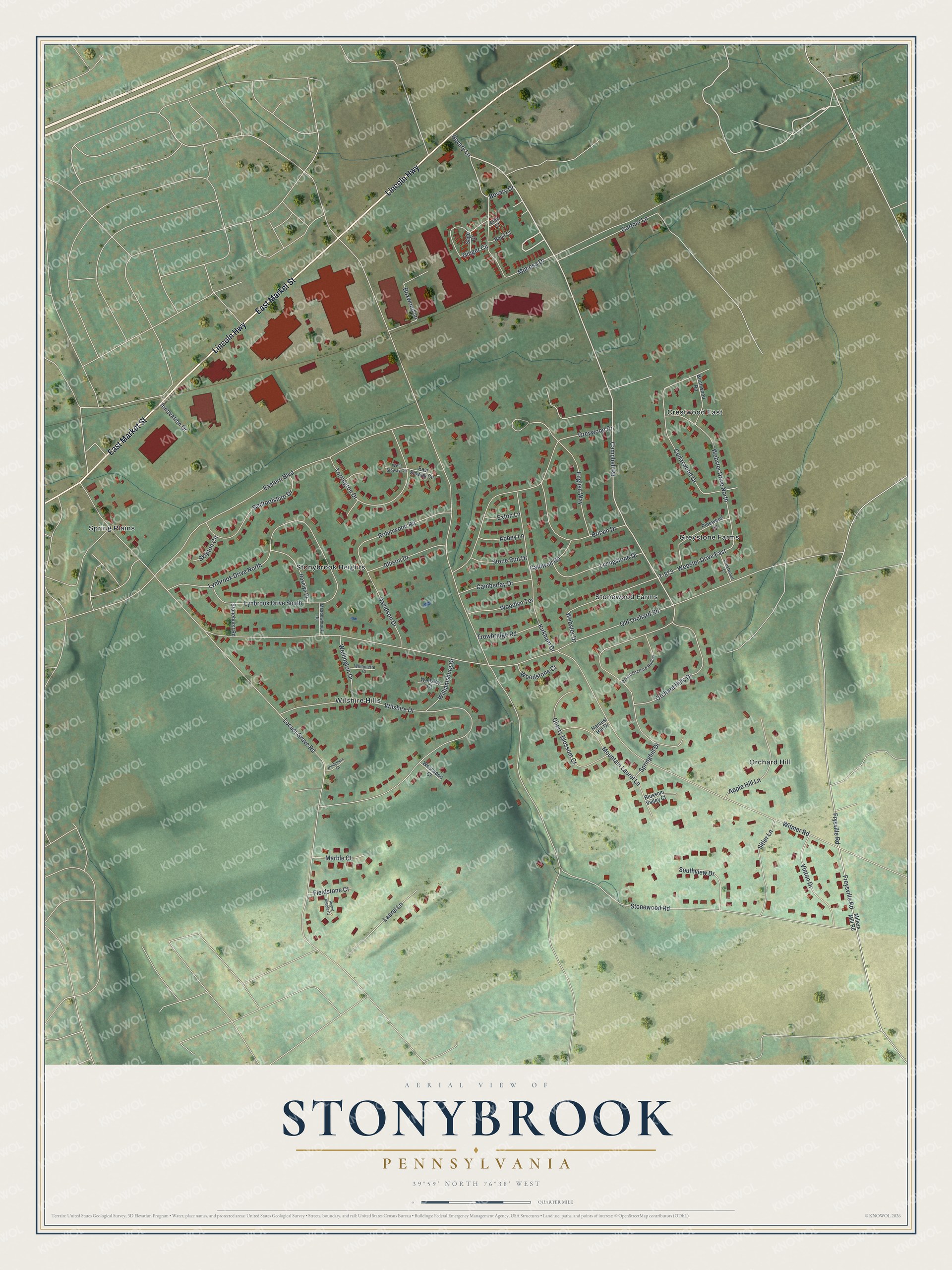 Full map of Stonybrook, Pennsylvania, with red buildings, printed street names and the land around them
