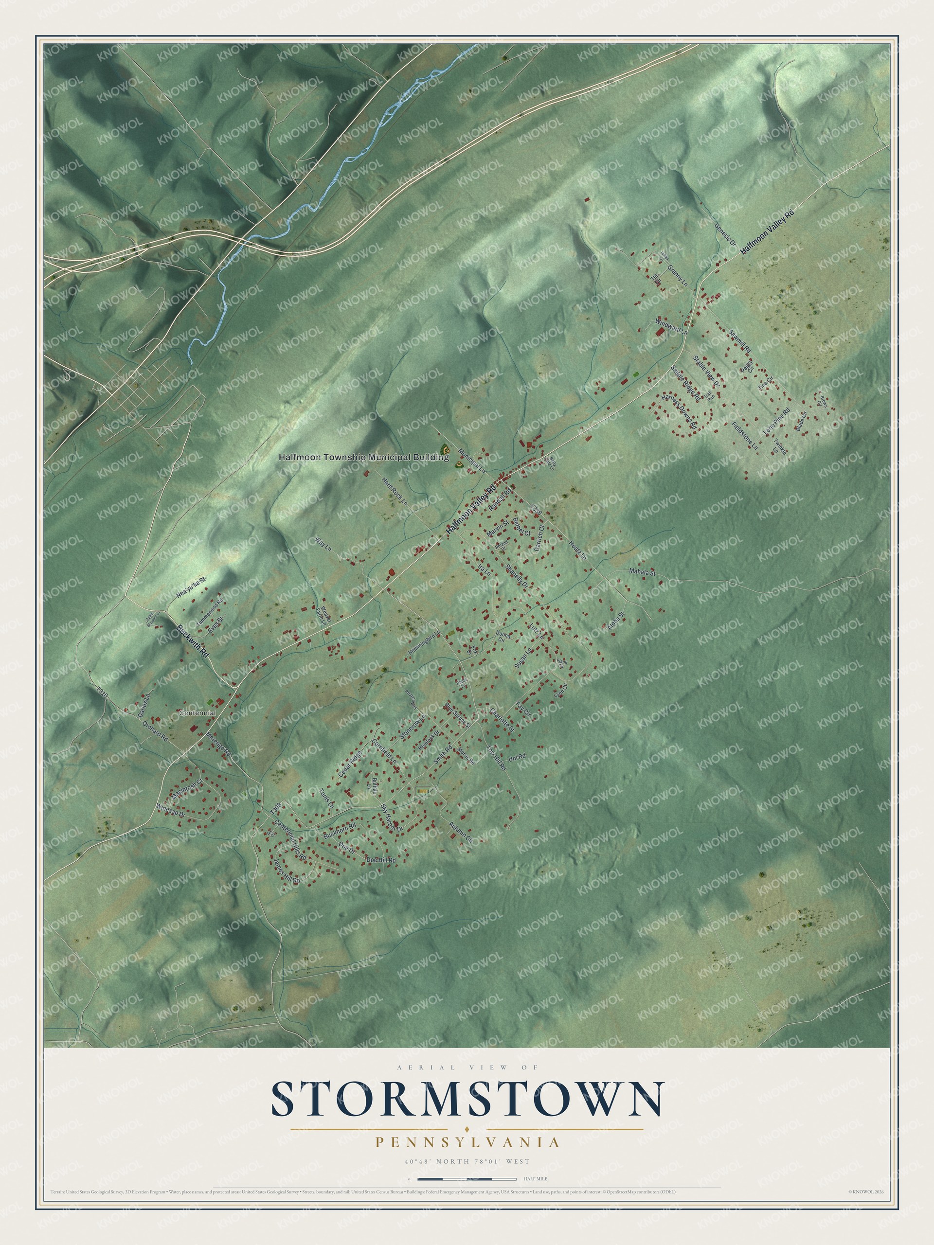 Full map of Stormstown, Pennsylvania, with red buildings, printed street names and the land around them