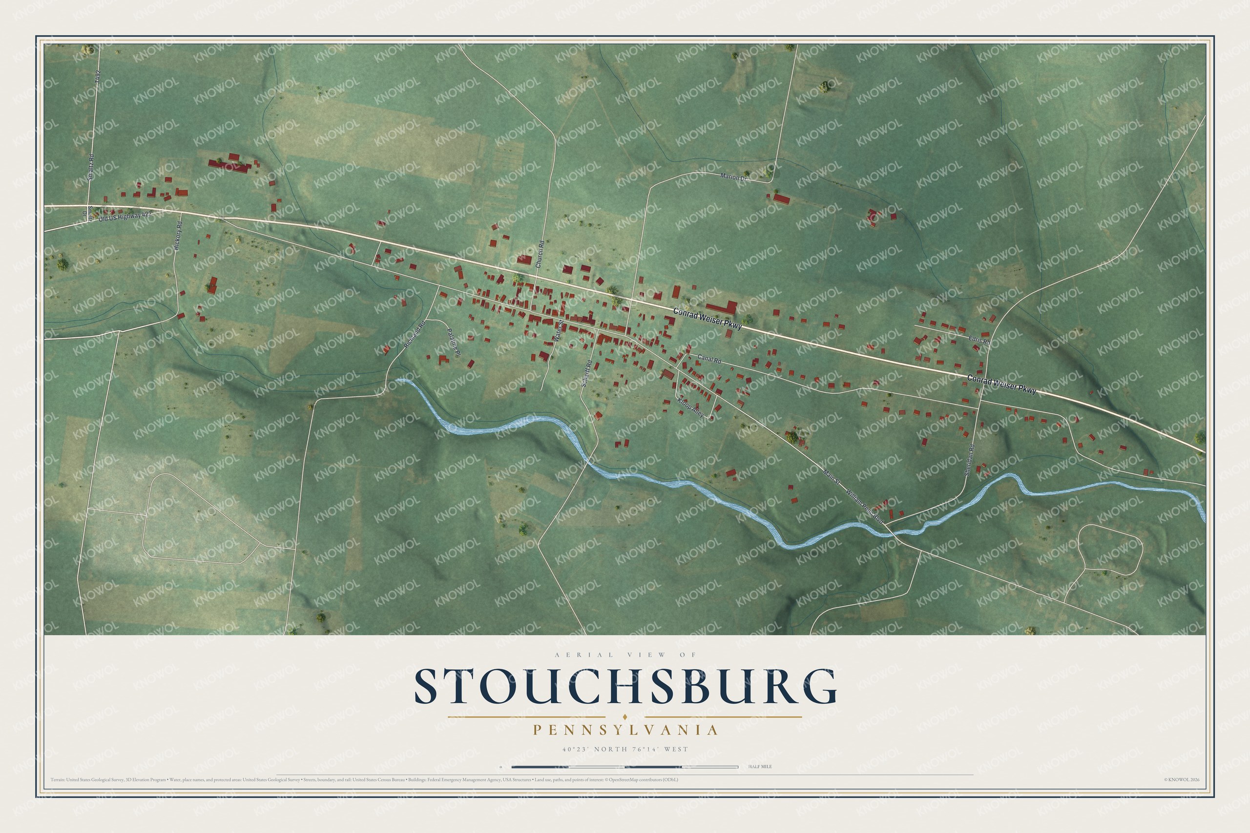Full map of Stouchsburg, Pennsylvania, with red buildings, printed street names and the land around them