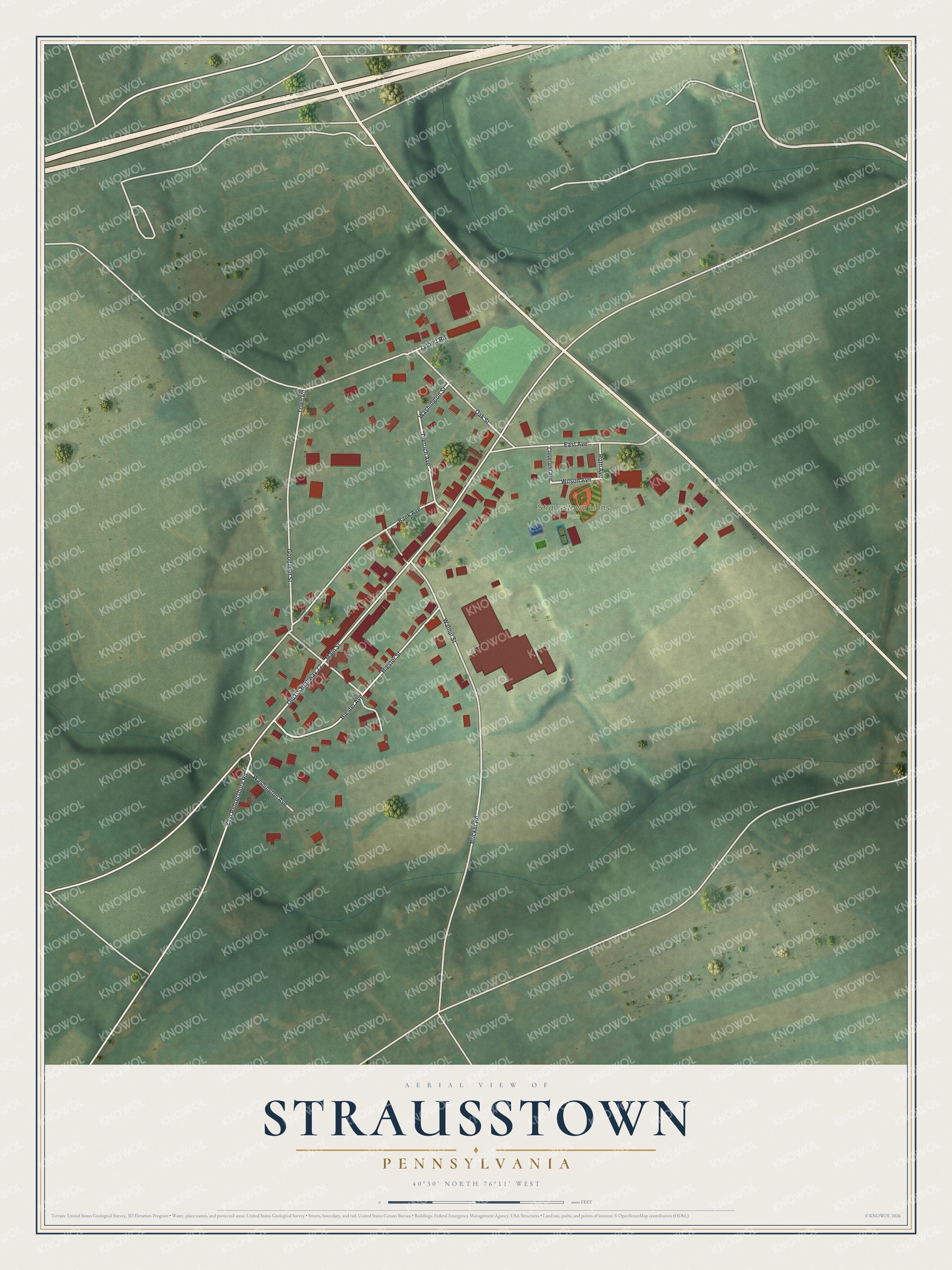 Full map of Strausstown, Pennsylvania, with red buildings, printed street names and the land around them
