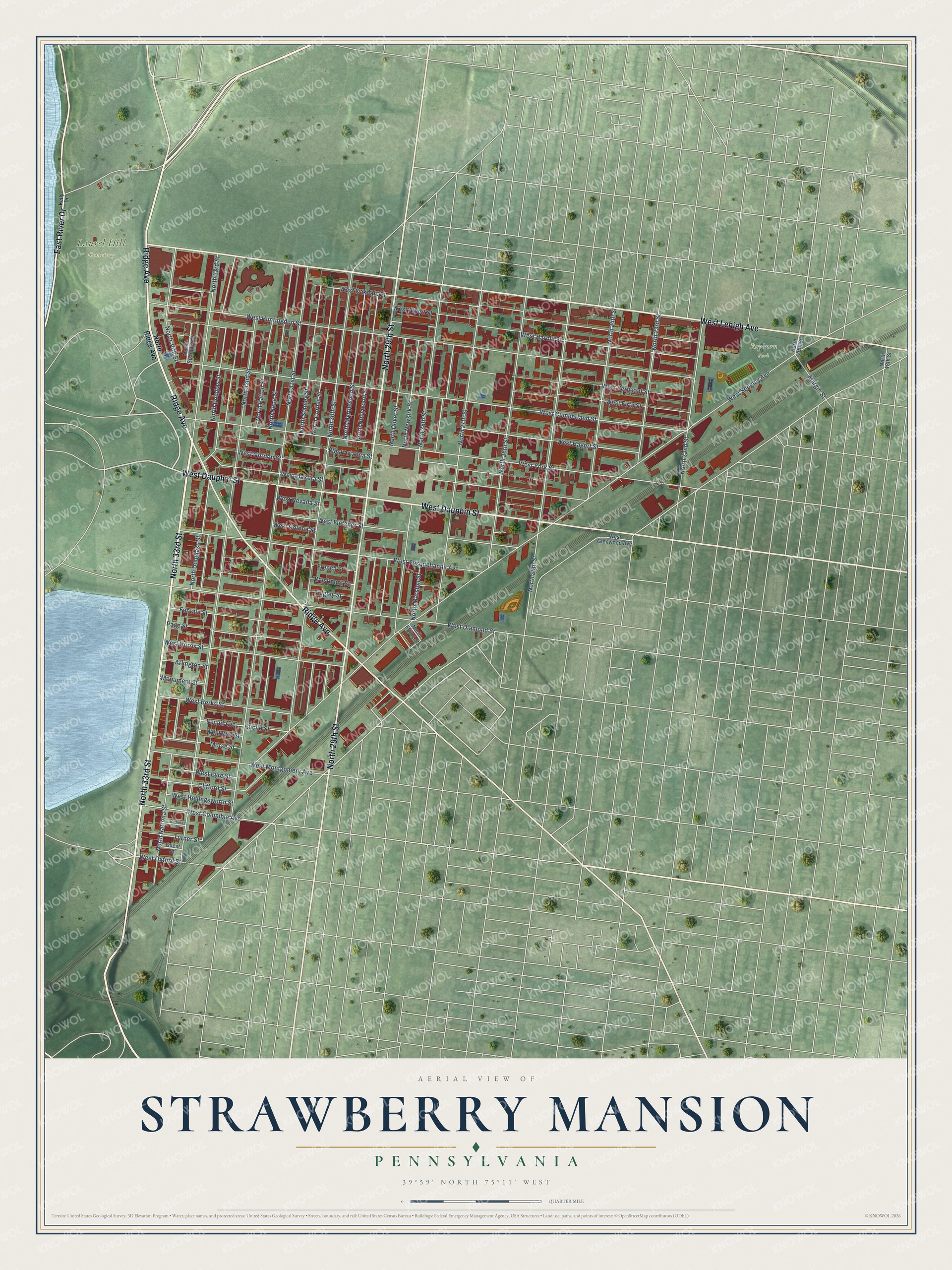 Full map of Strawberry Mansion, Pennsylvania, with red buildings, printed street names and the land around them