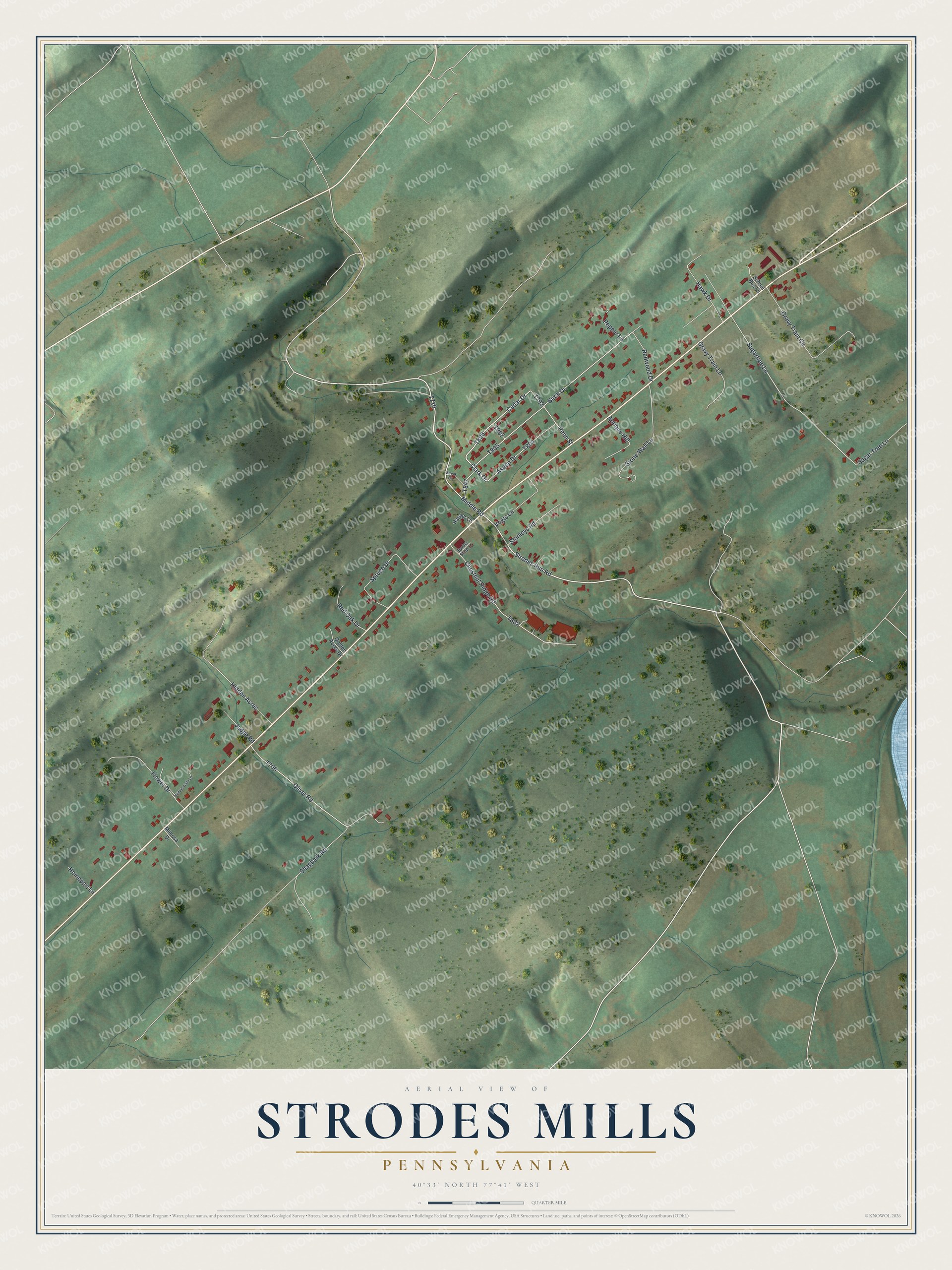 Full map of Strodes Mills, Pennsylvania, with red buildings, printed street names and the land around them