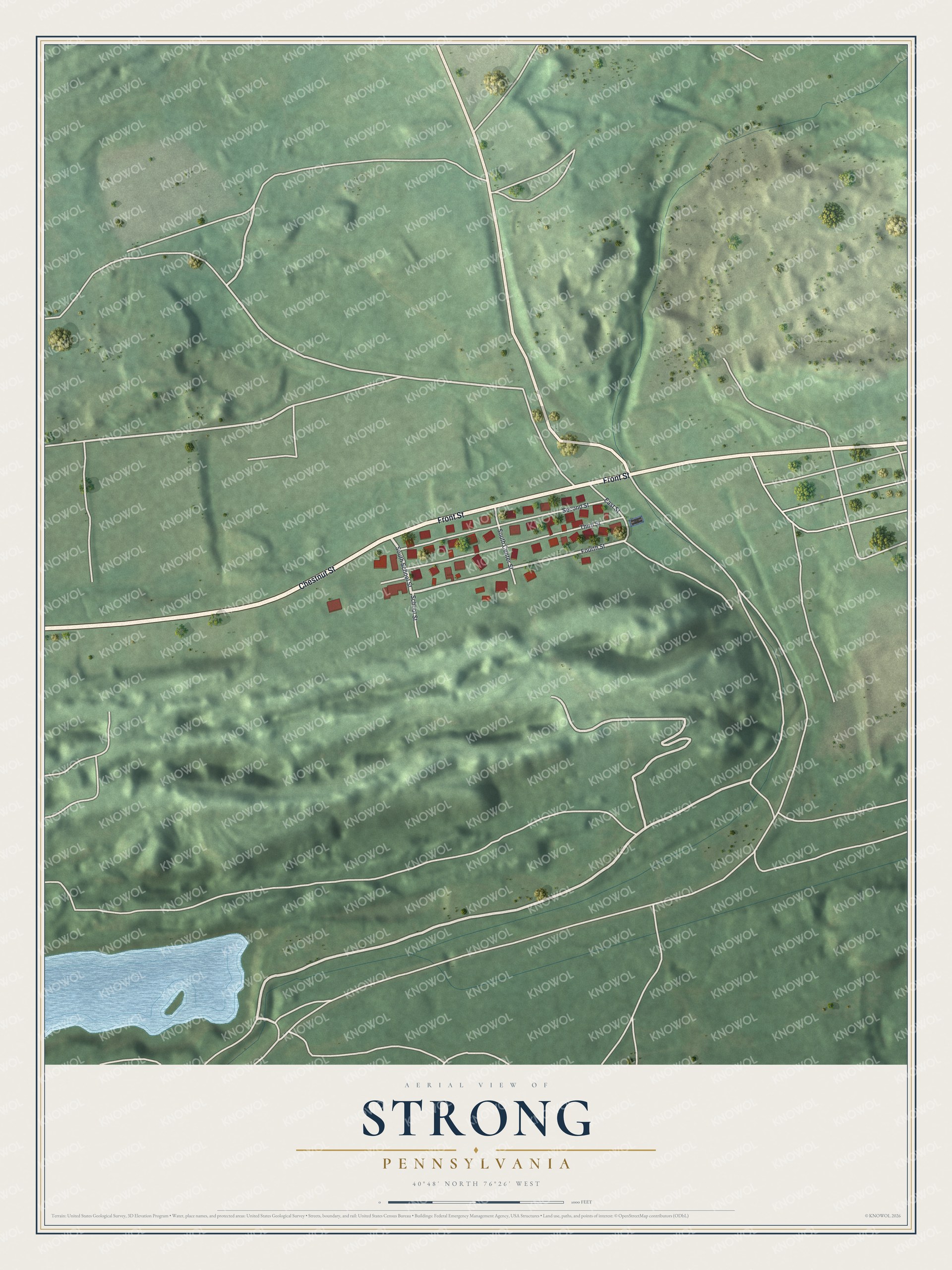 Full map of Strong, Pennsylvania, with red buildings, printed street names and the land around them