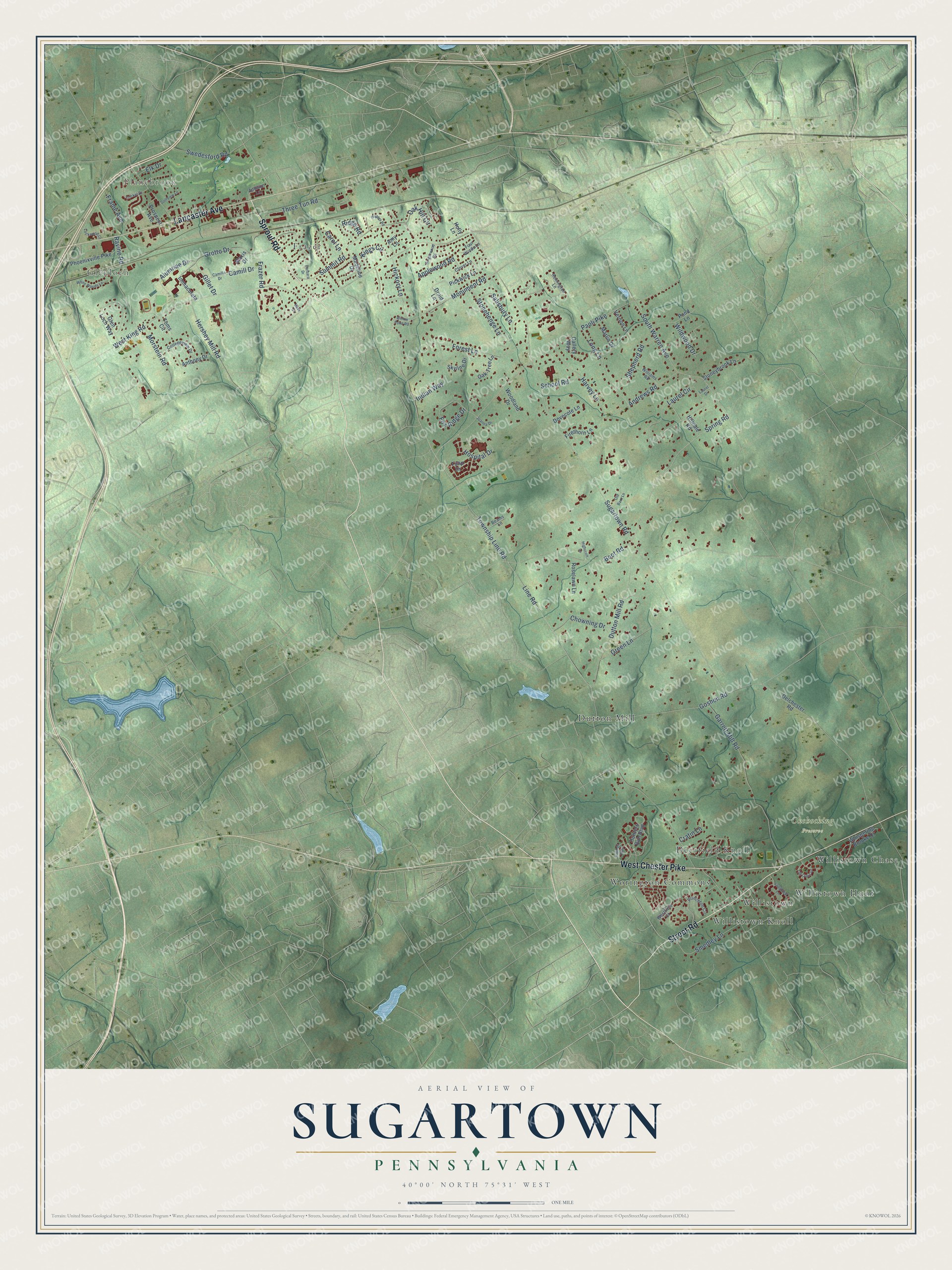 Full map of Sugartown, Pennsylvania, with red buildings, printed street names and the land around them