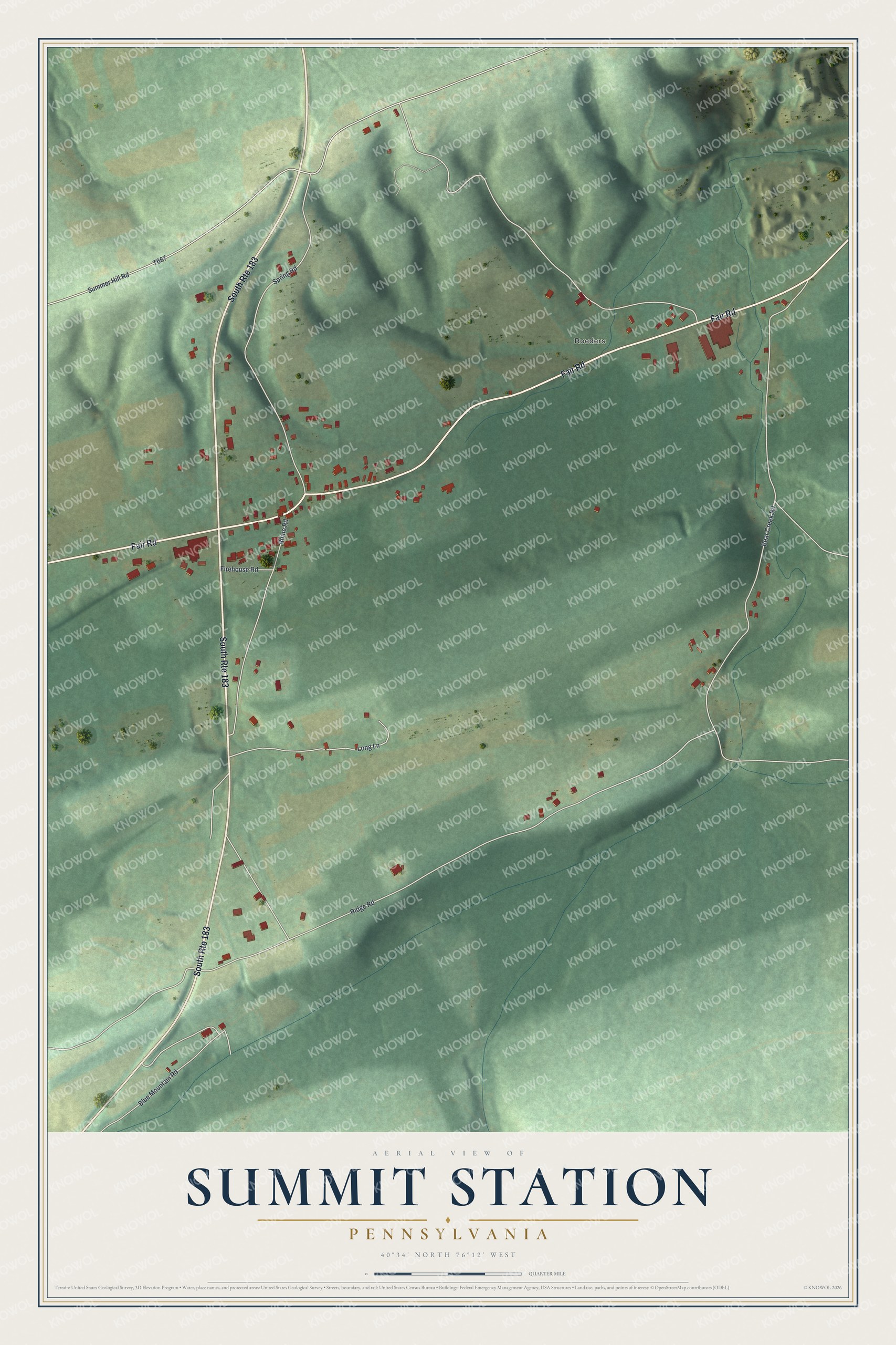 Full map of Summit Station, Pennsylvania, with red buildings, printed street names and the land around them
