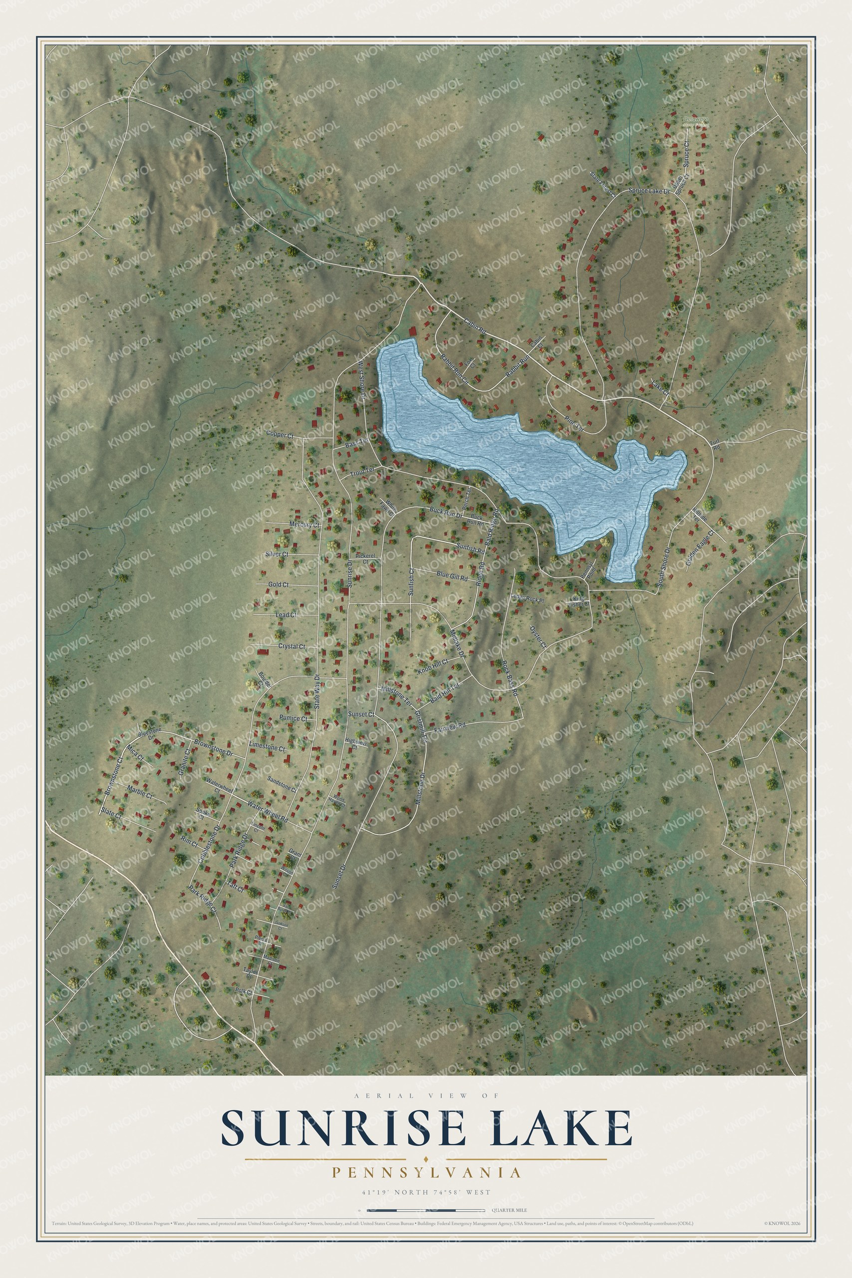 Full map of Sunrise Lake, Pennsylvania, with red buildings, printed street names and the land around them
