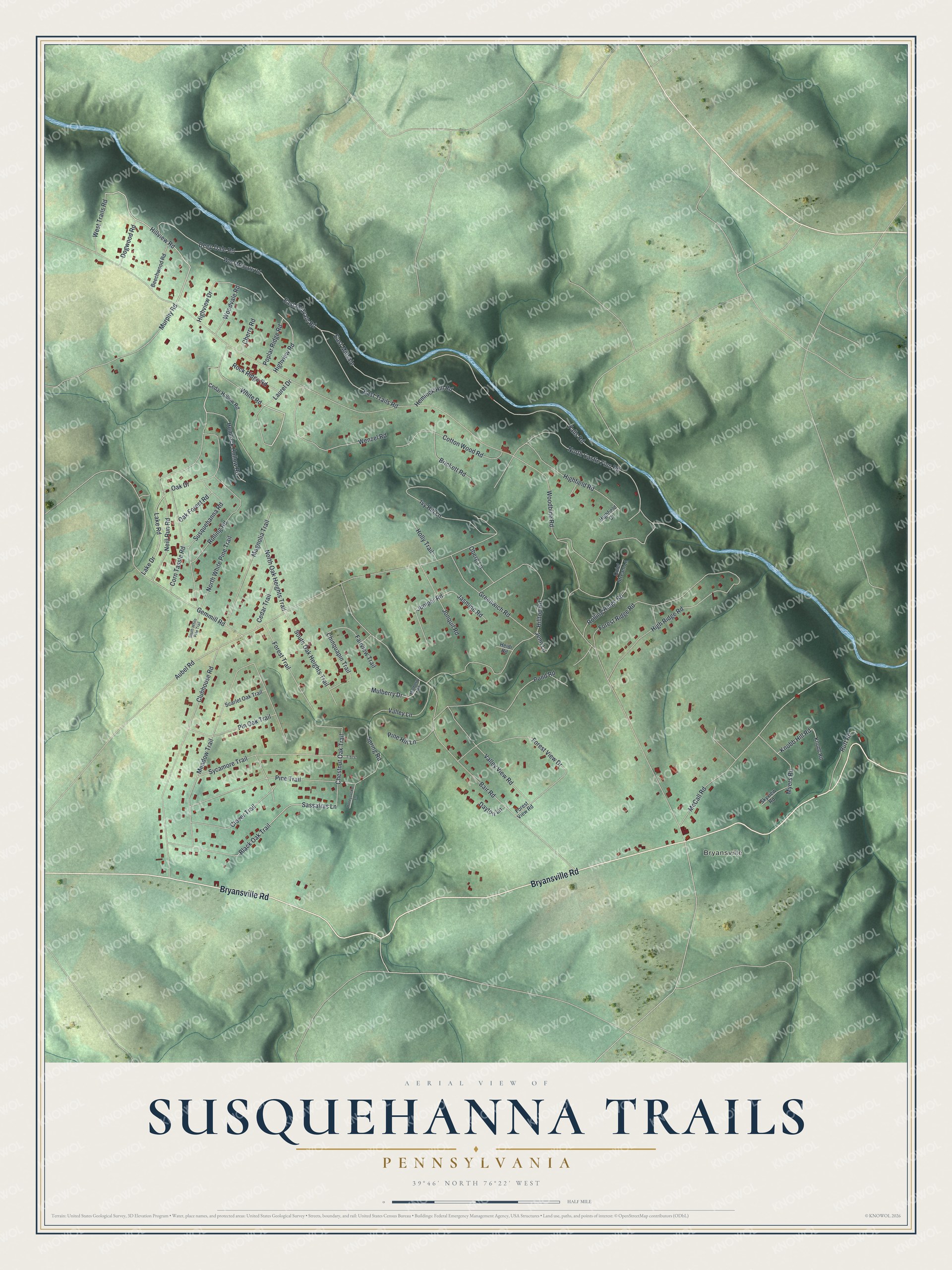 Full map of Susquehanna Trails, Pennsylvania, with red buildings, printed street names and the land around them
