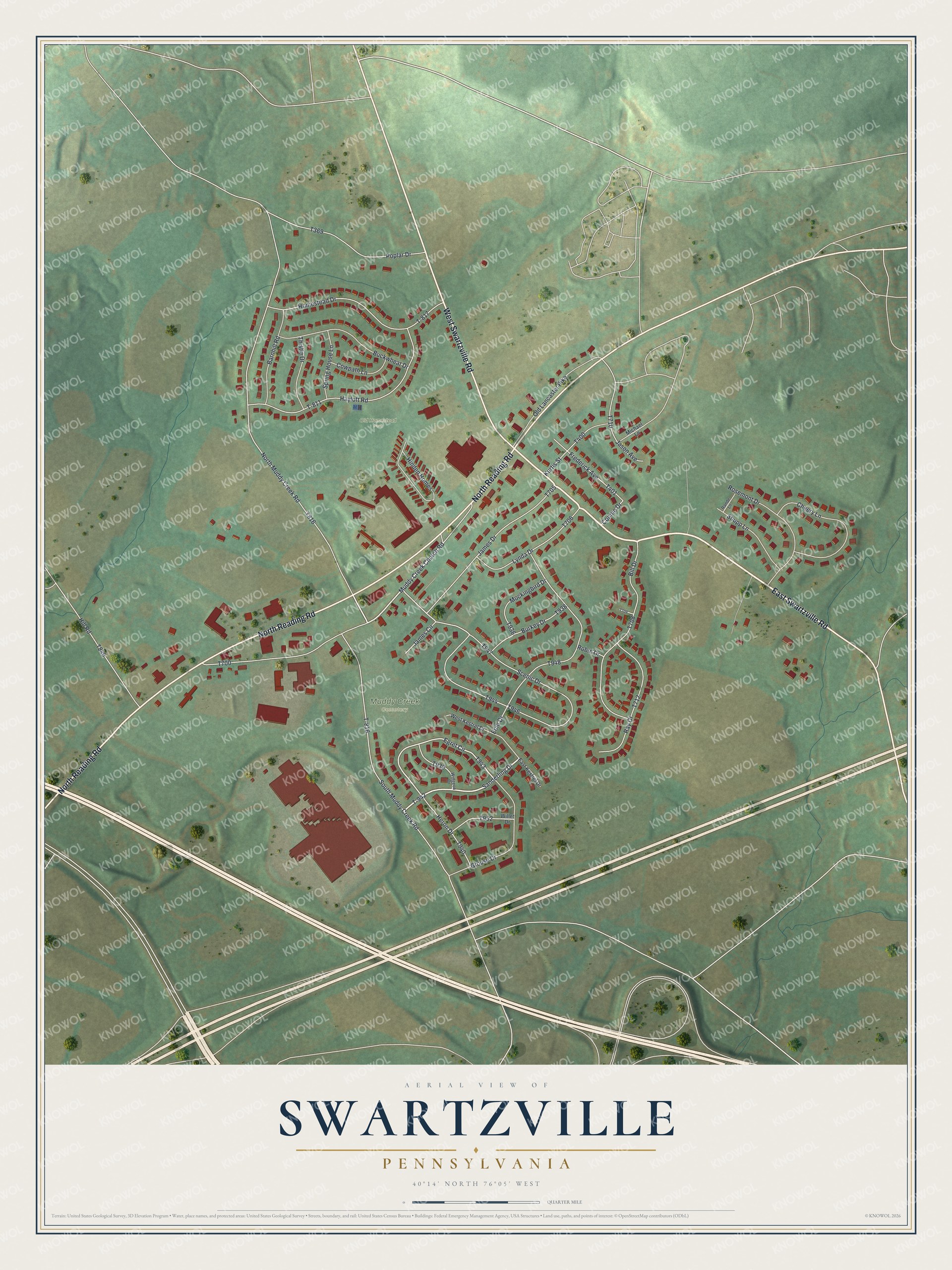Full map of Swartzville, Pennsylvania, with red buildings, printed street names and the land around them