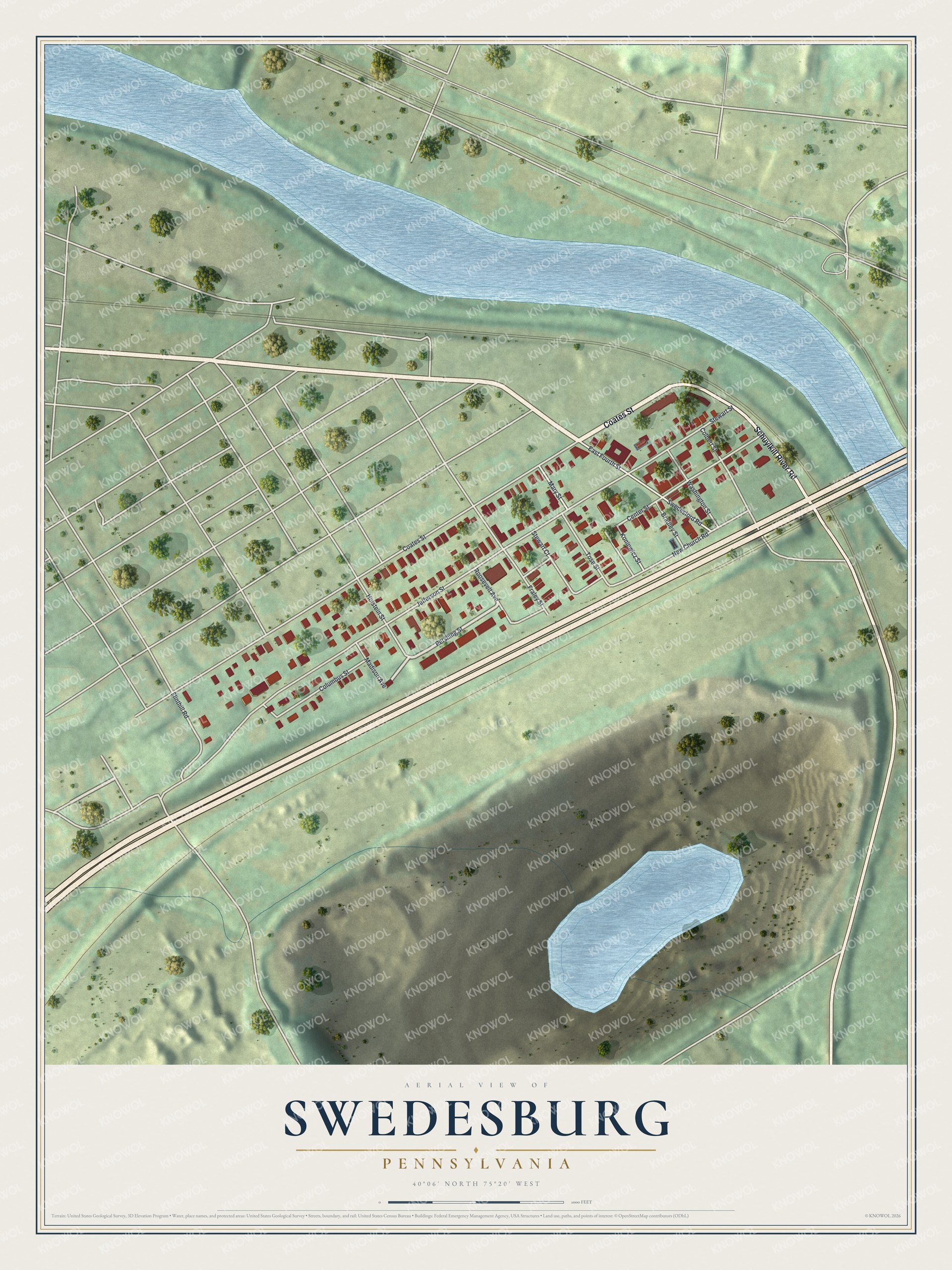 Full map of Swedesburg, Pennsylvania, with red buildings, printed street names and the land around them