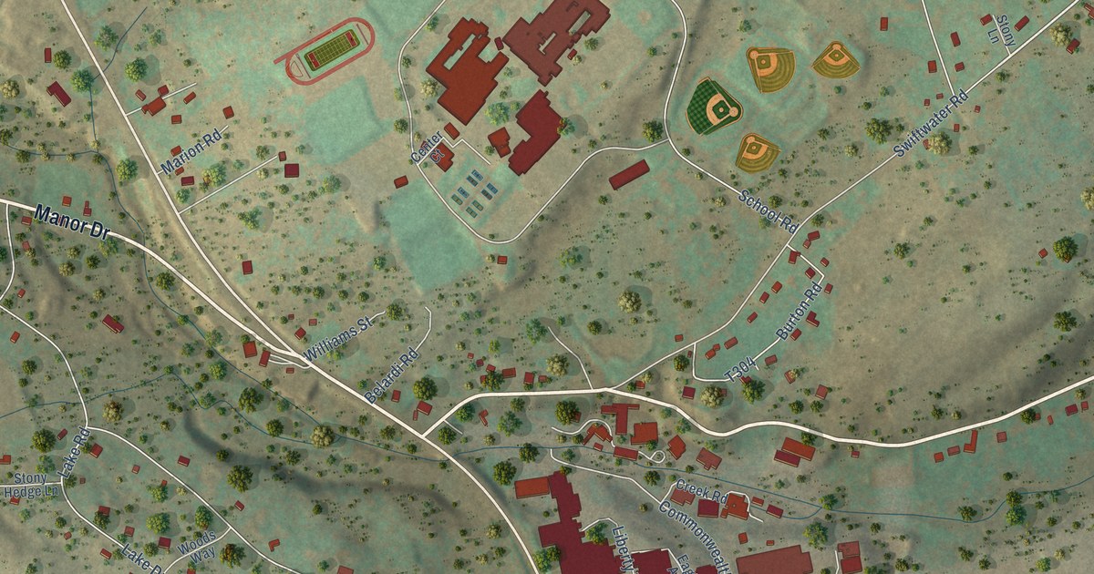 Close-up of streets and buildings in Swiftwater, Pennsylvania